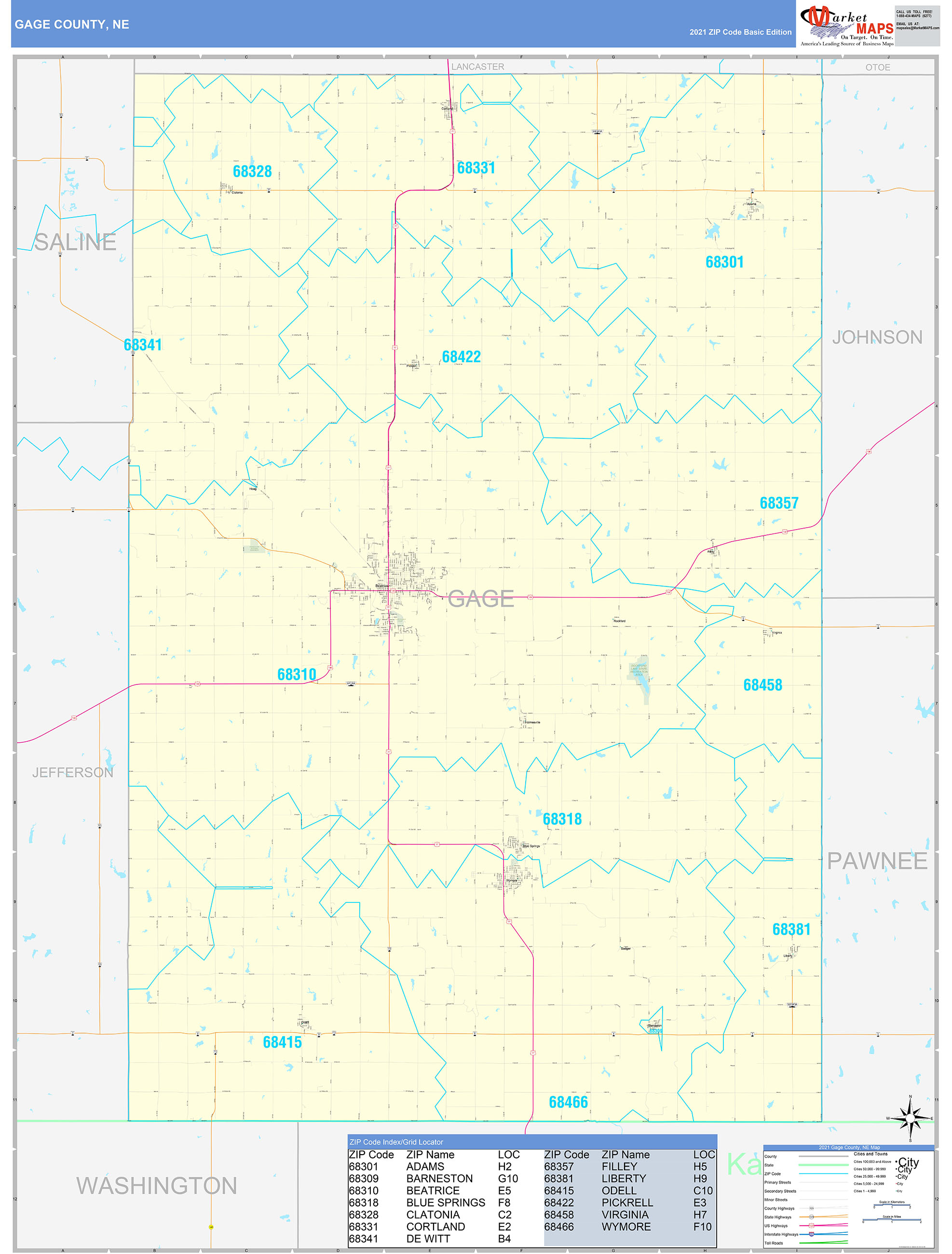 Gage County, NE Zip Code Wall Map Basic Style by MarketMAPS - MapSales