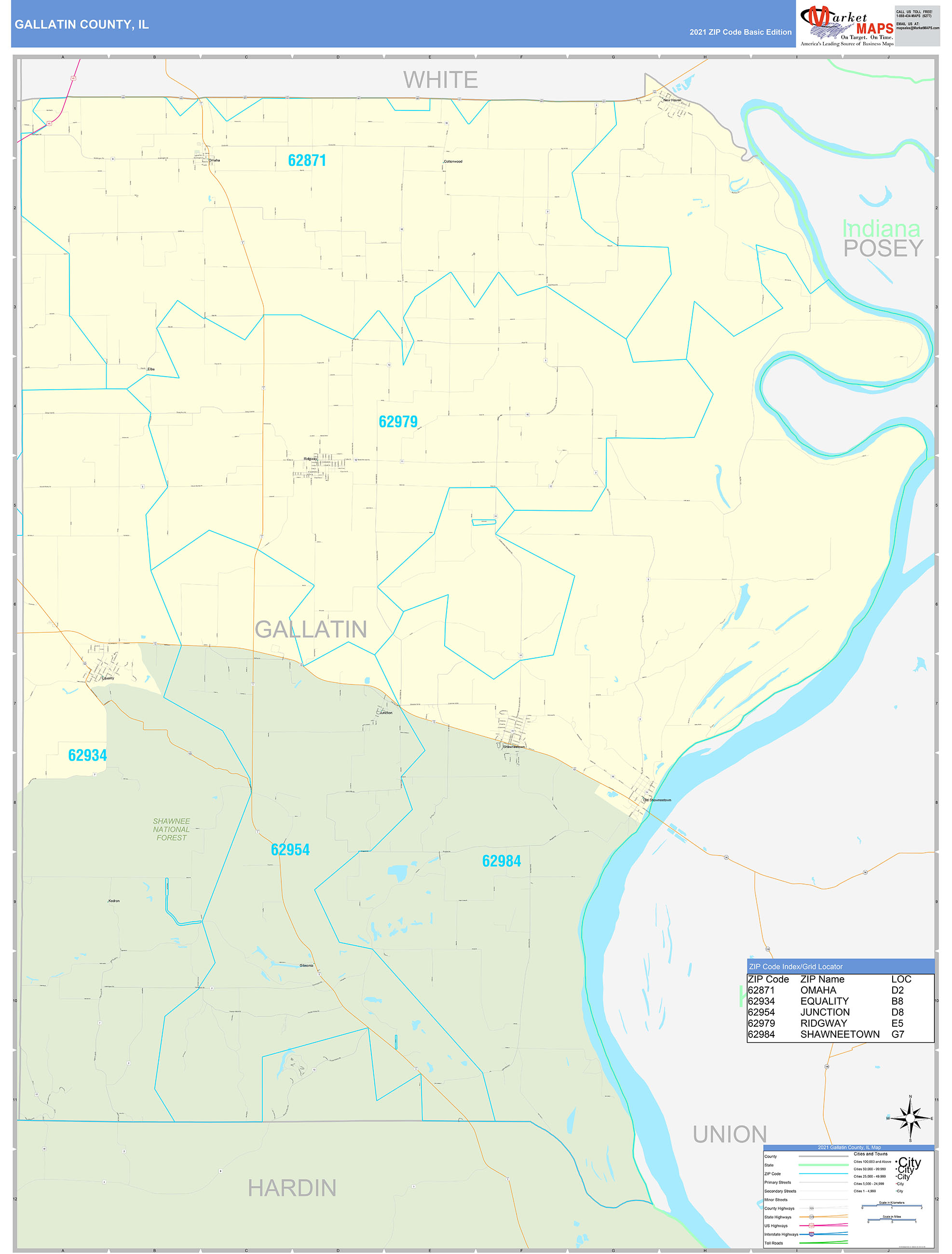 Gallatin County, IL Zip Code Wall Map Basic Style by MarketMAPS - MapSales