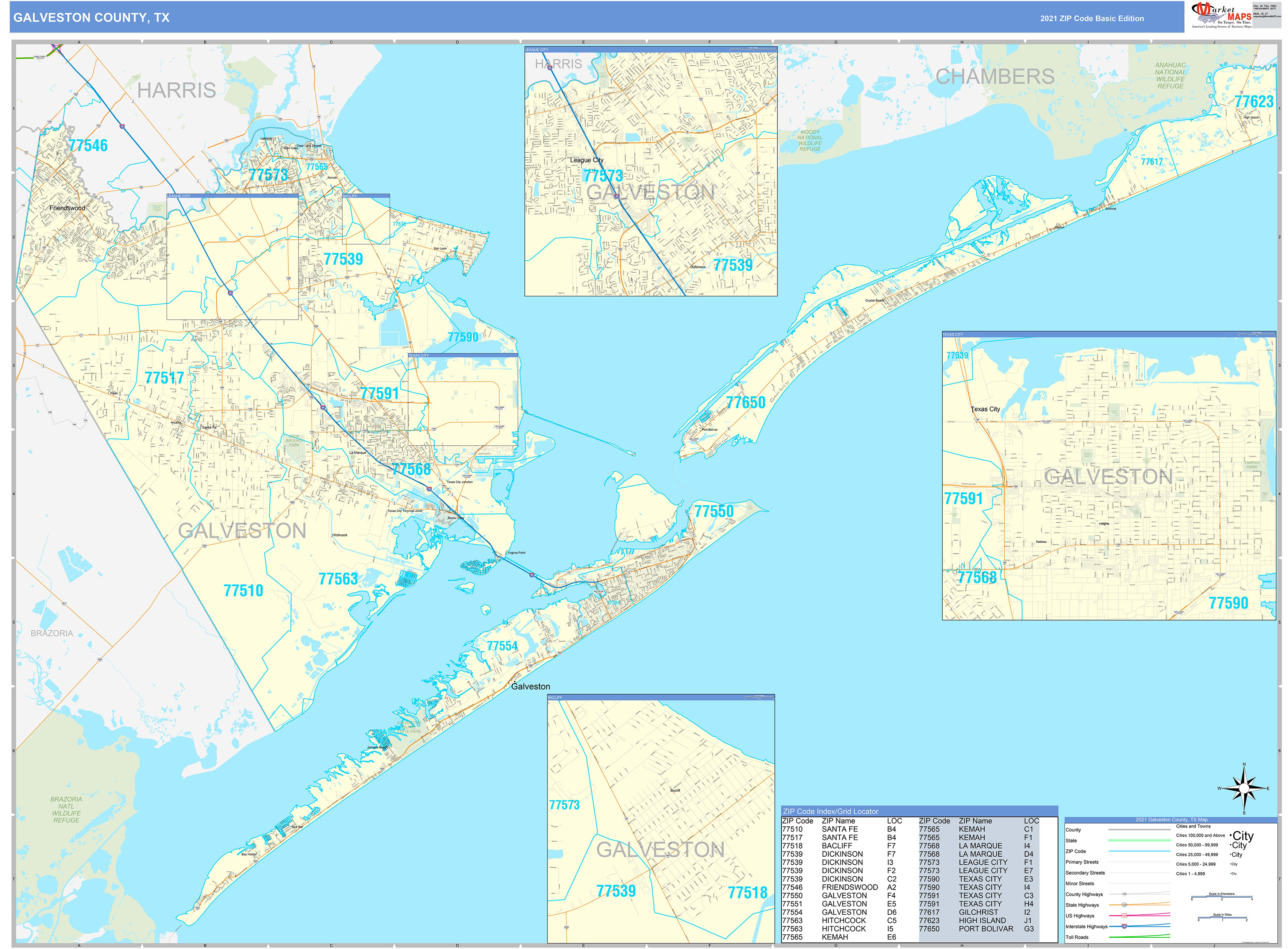 Galveston Texas Zip Code Wall Map Basic Style By Marketmaps Images