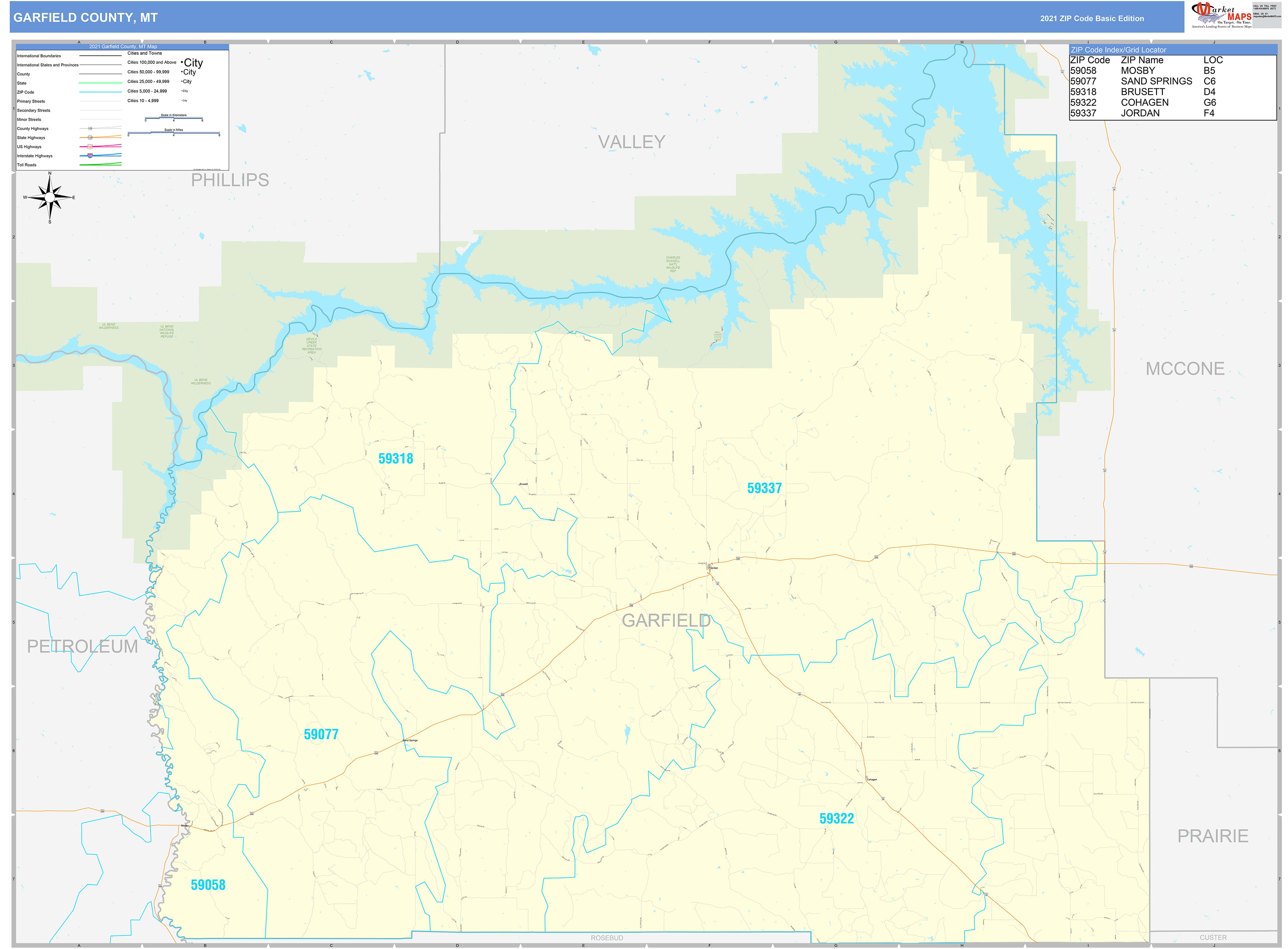 Garfield County, MT Zip Code Wall Map Basic Style by MarketMAPS