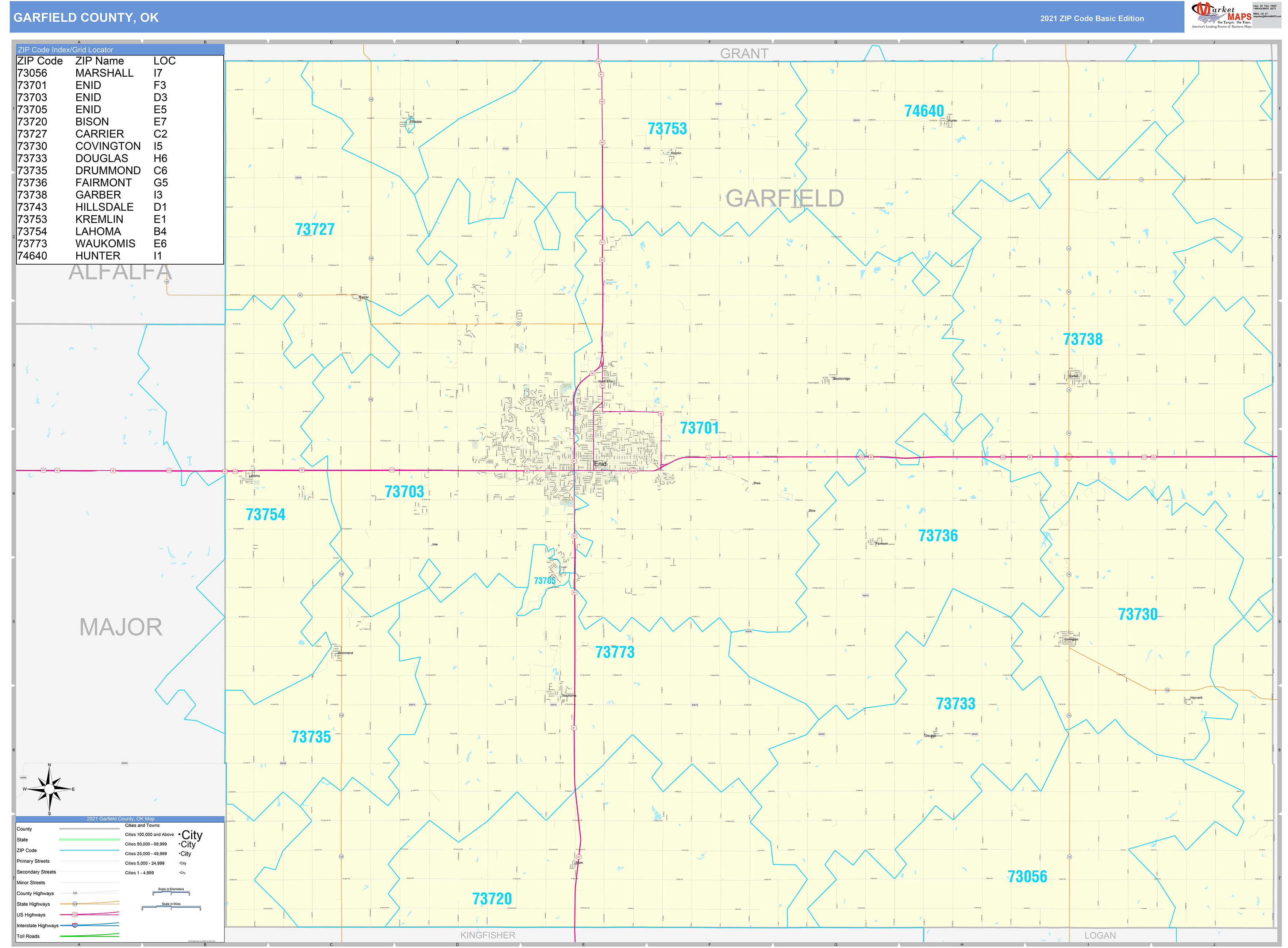 Garfield County, OK Zip Code Wall Map Basic Style by MarketMAPS MapSales