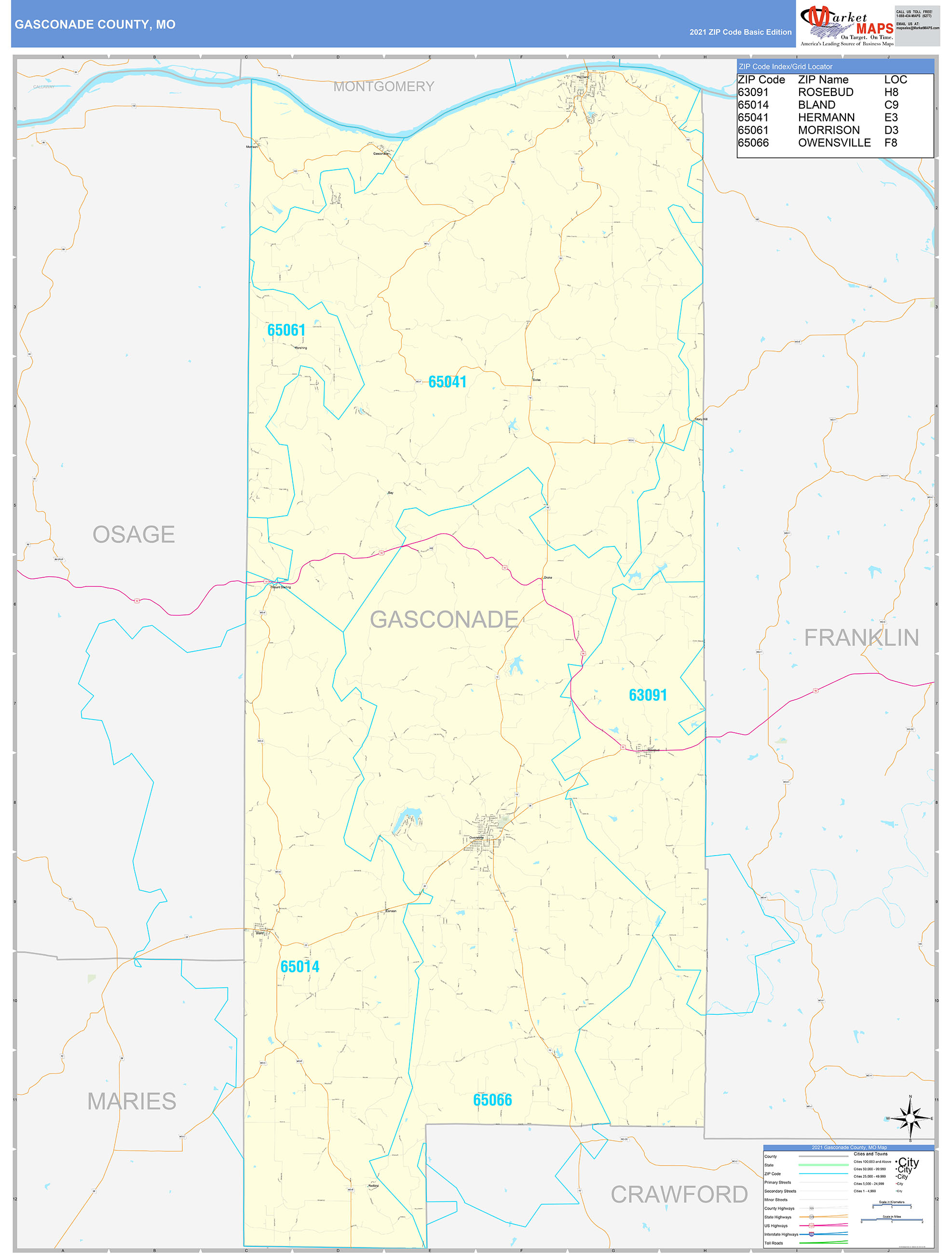 Gasconade County Mo Zip Code Wall Map Basic Style By Marketmaps Mapsales 4770