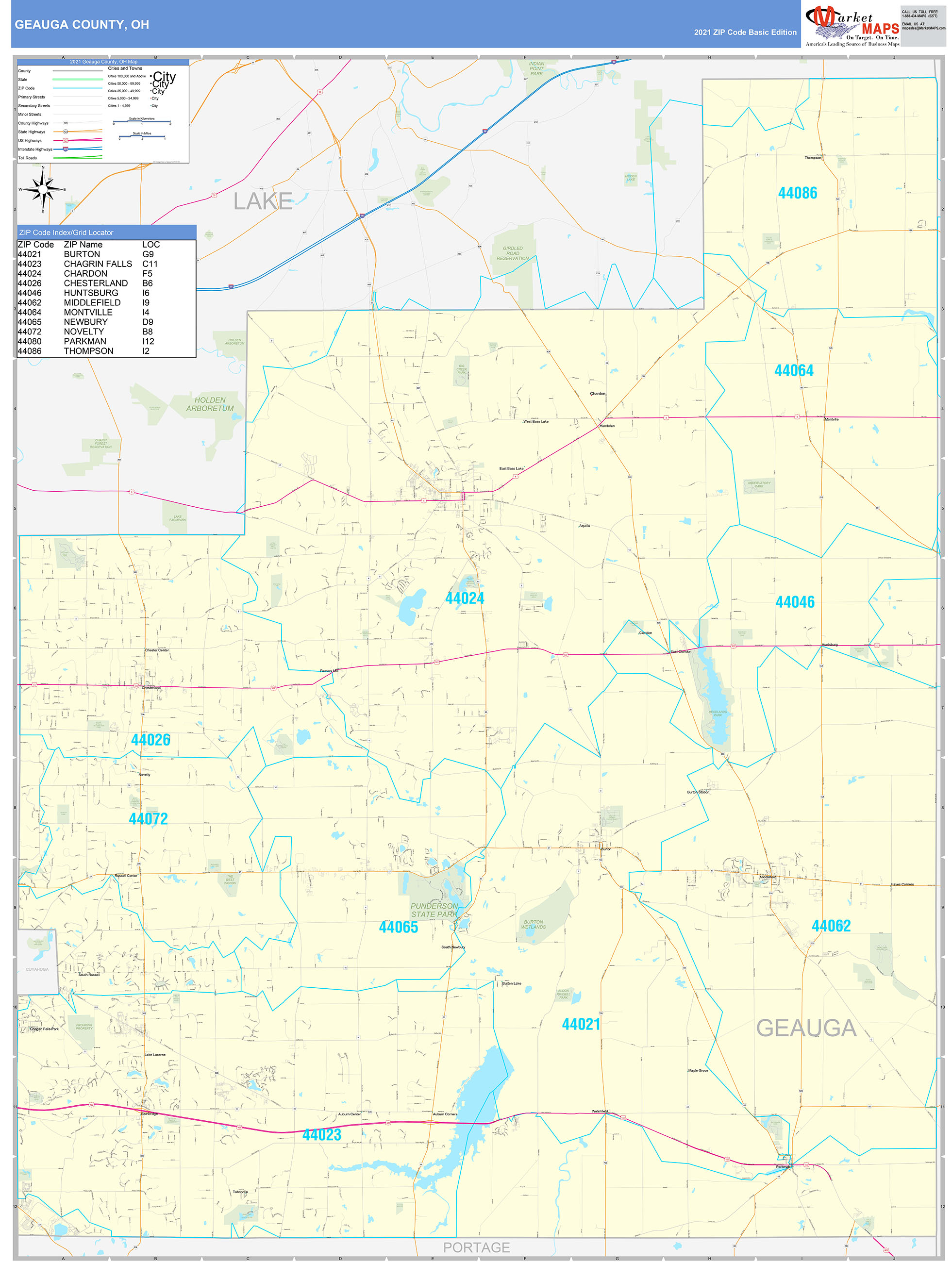 Geauga County, OH Zip Code Wall Map Basic Style by MarketMAPS MapSales