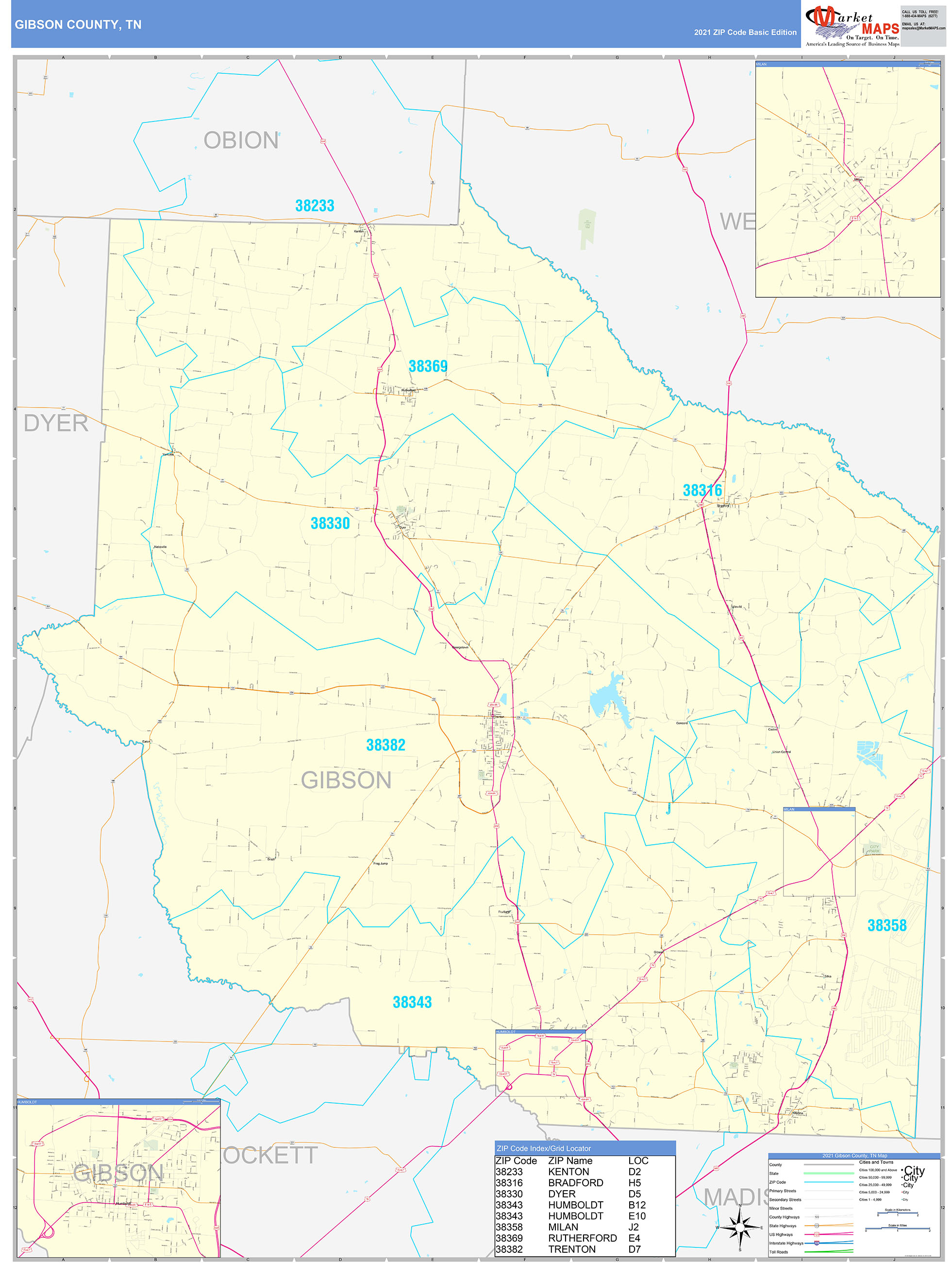 Gibson County, TN Zip Code Wall Map Basic Style by MarketMAPS