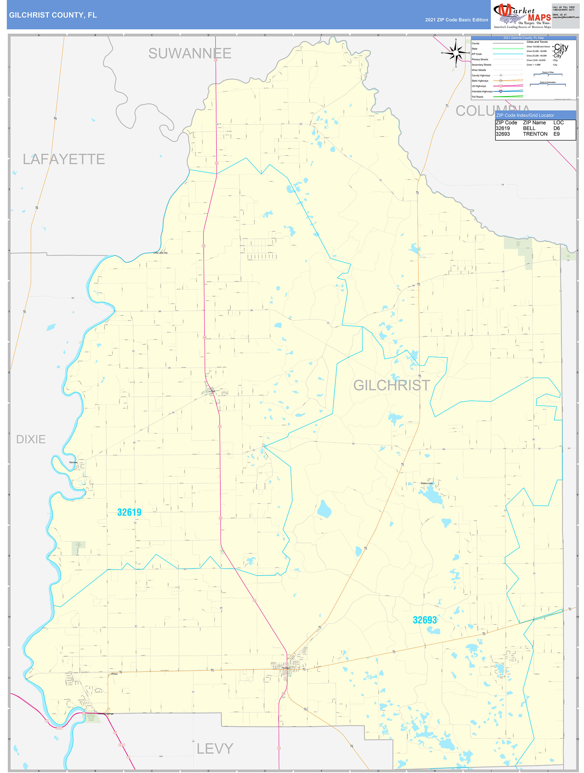 Gilchrist County, FL Zip Code Wall Map Basic Style by MarketMAPS