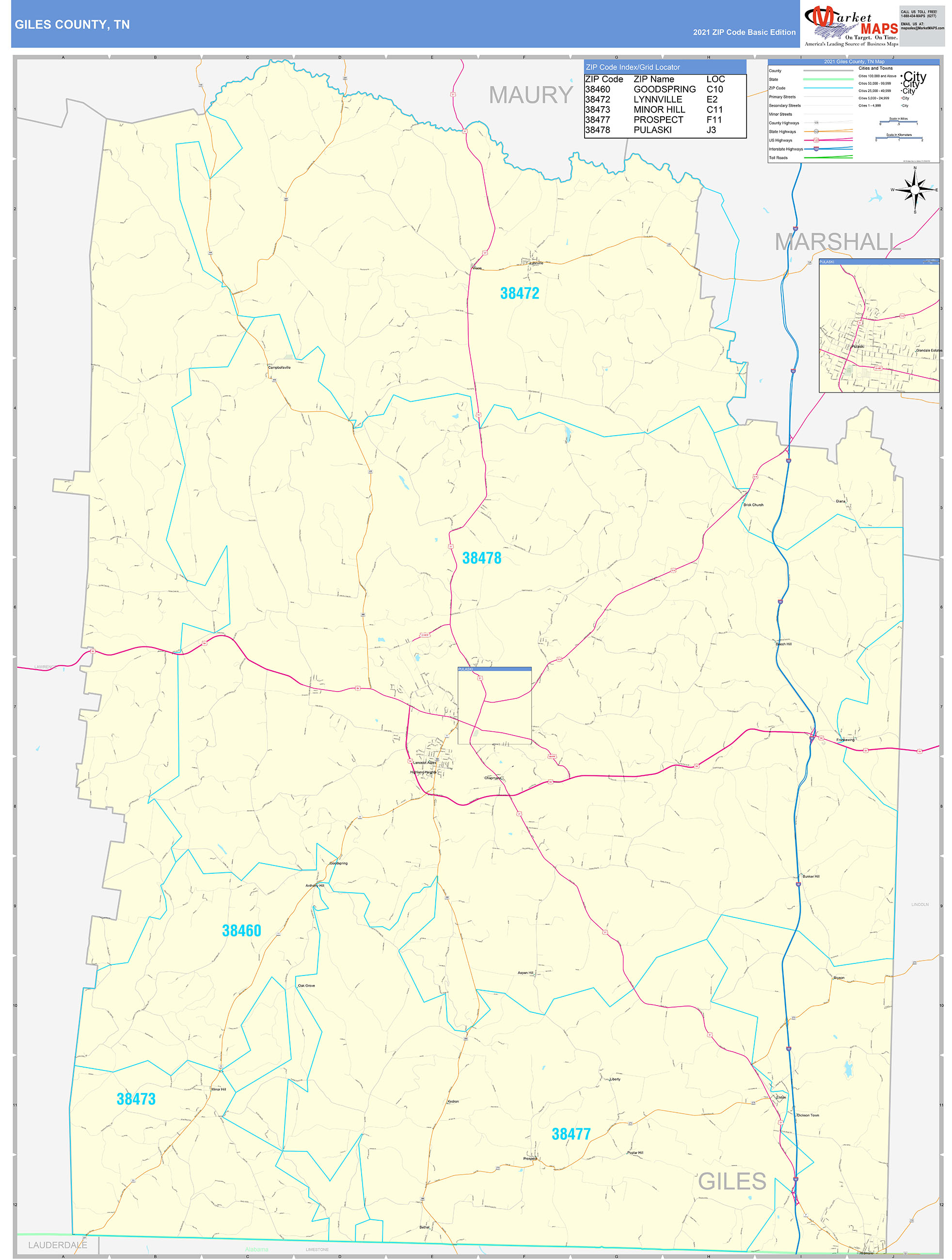 Giles County, TN Zip Code Wall Map Basic Style by MarketMAPS - MapSales.com