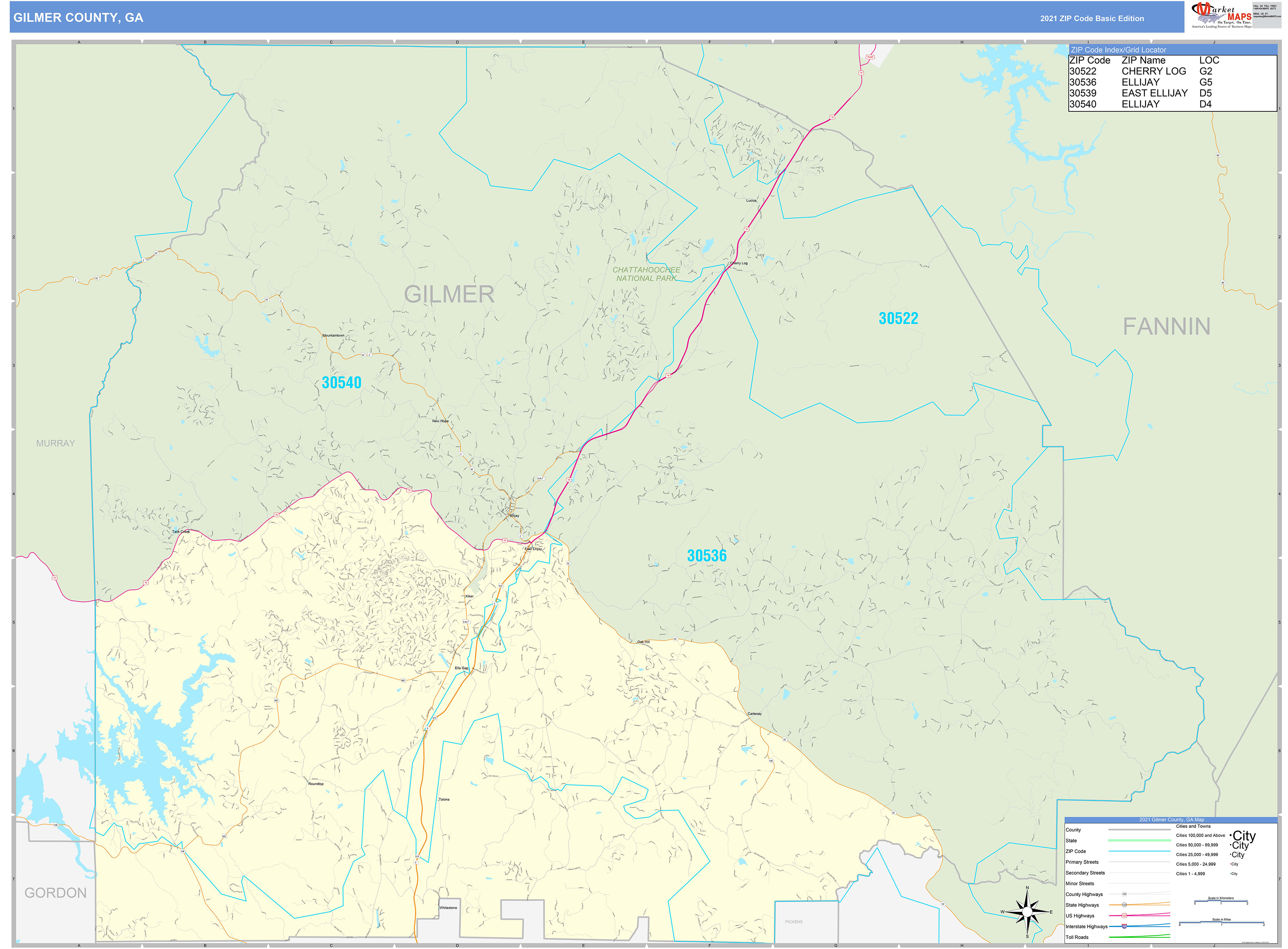 Gilmer County, GA Zip Code Wall Map Basic Style by MarketMAPS