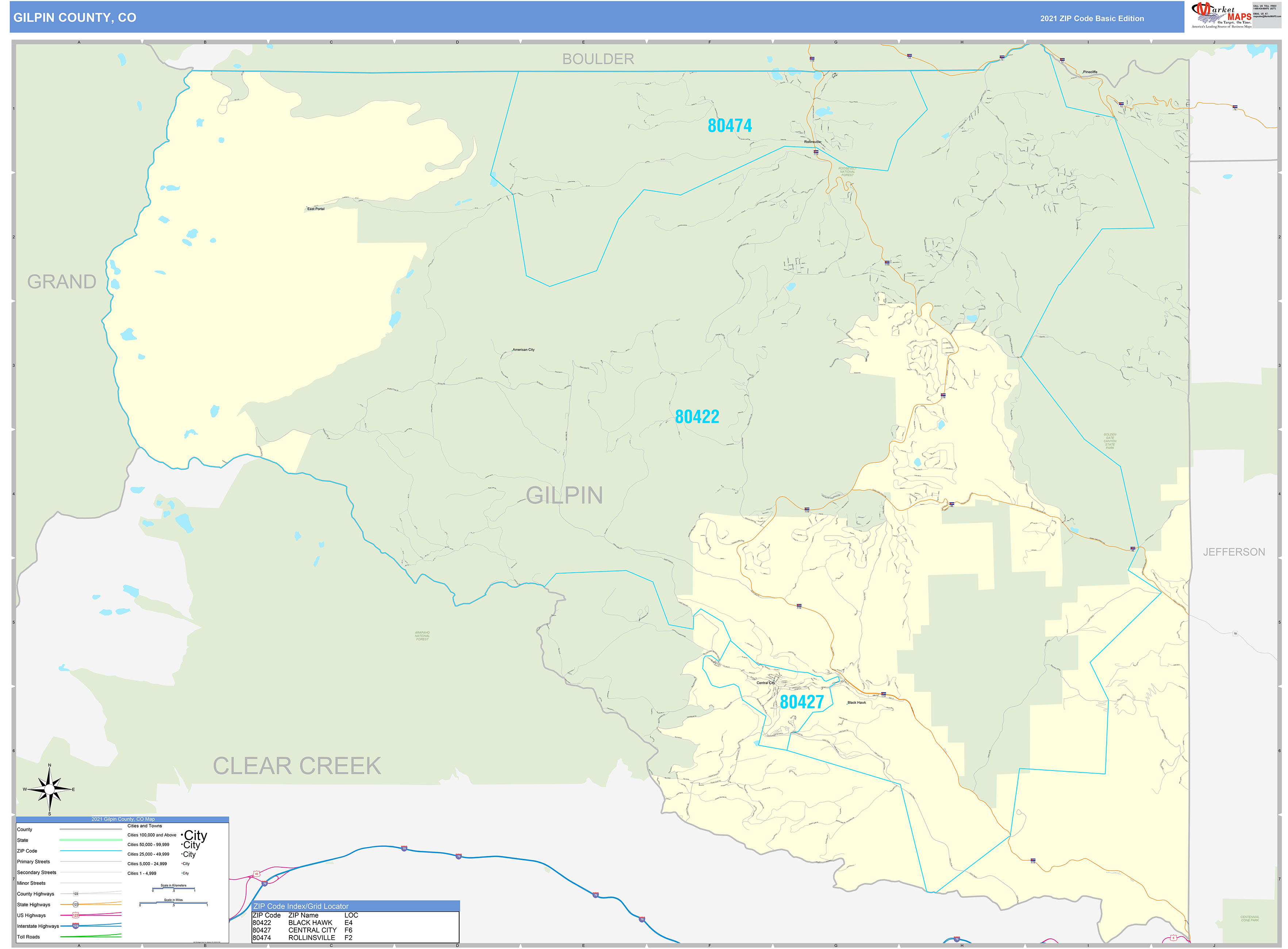 Gilpin County, CO Zip Code Wall Map Basic Style by MarketMAPS - MapSales