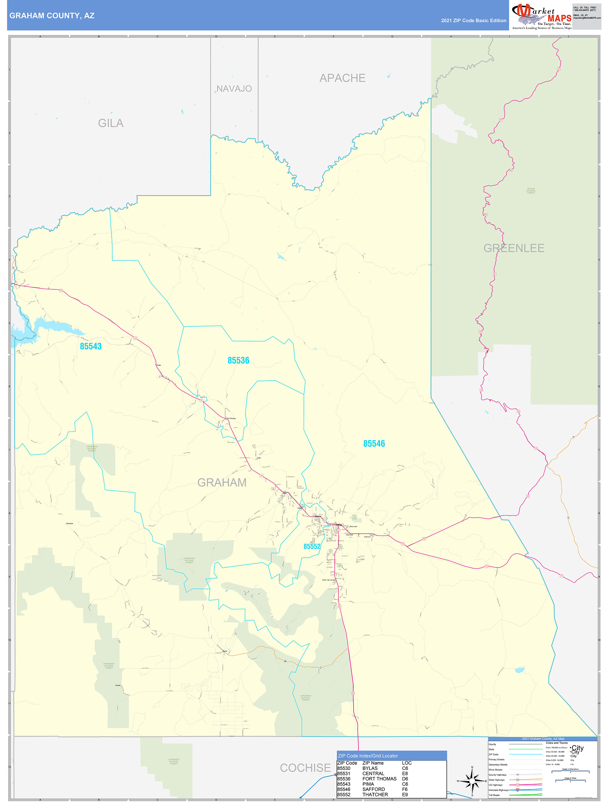 Graham County, AZ Zip Code Wall Map Basic Style by MarketMAPS