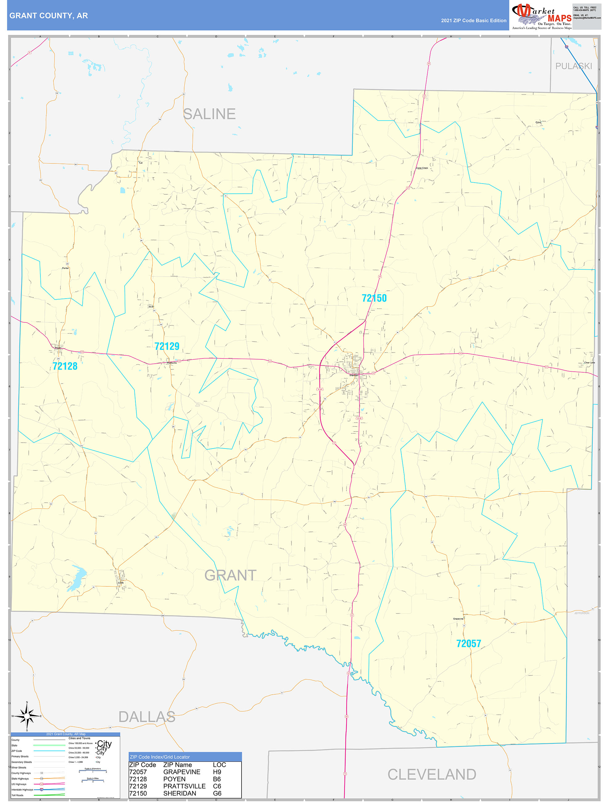 Grant County, AR Zip Code Wall Map Basic Style by MarketMAPS - MapSales