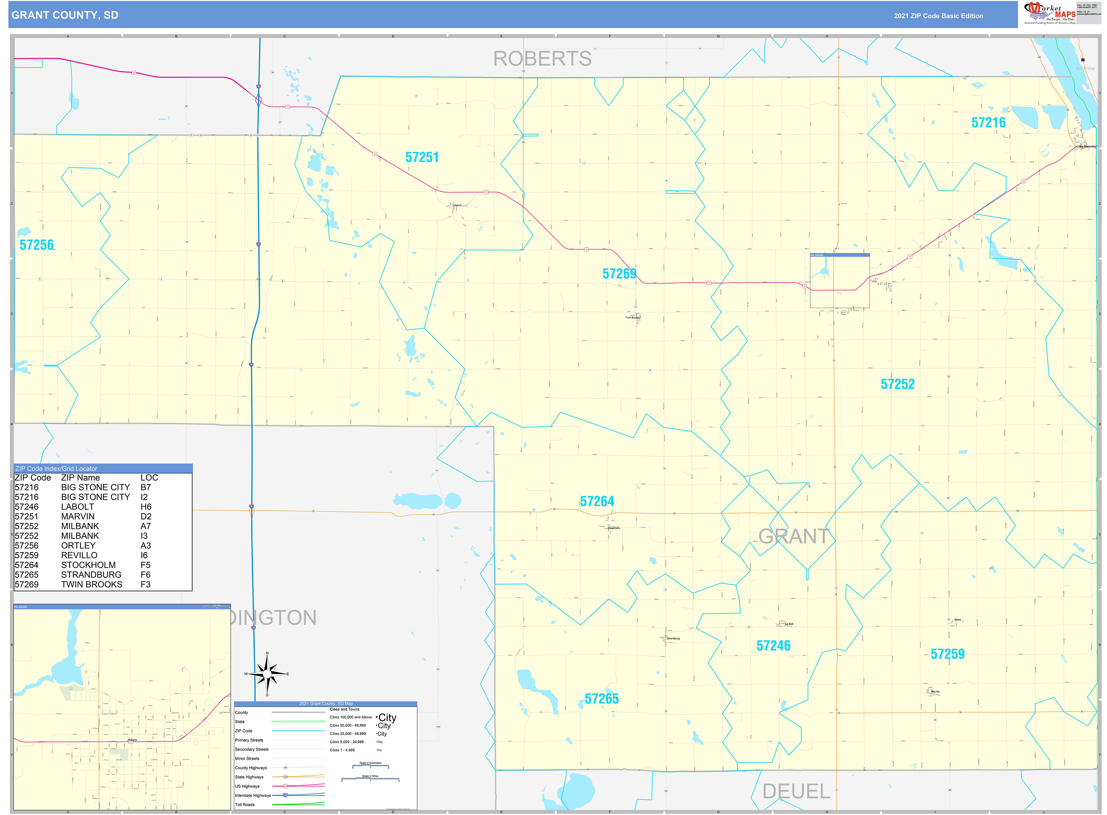 Grant County, SD Zip Code Wall Map Basic Style by MarketMAPS