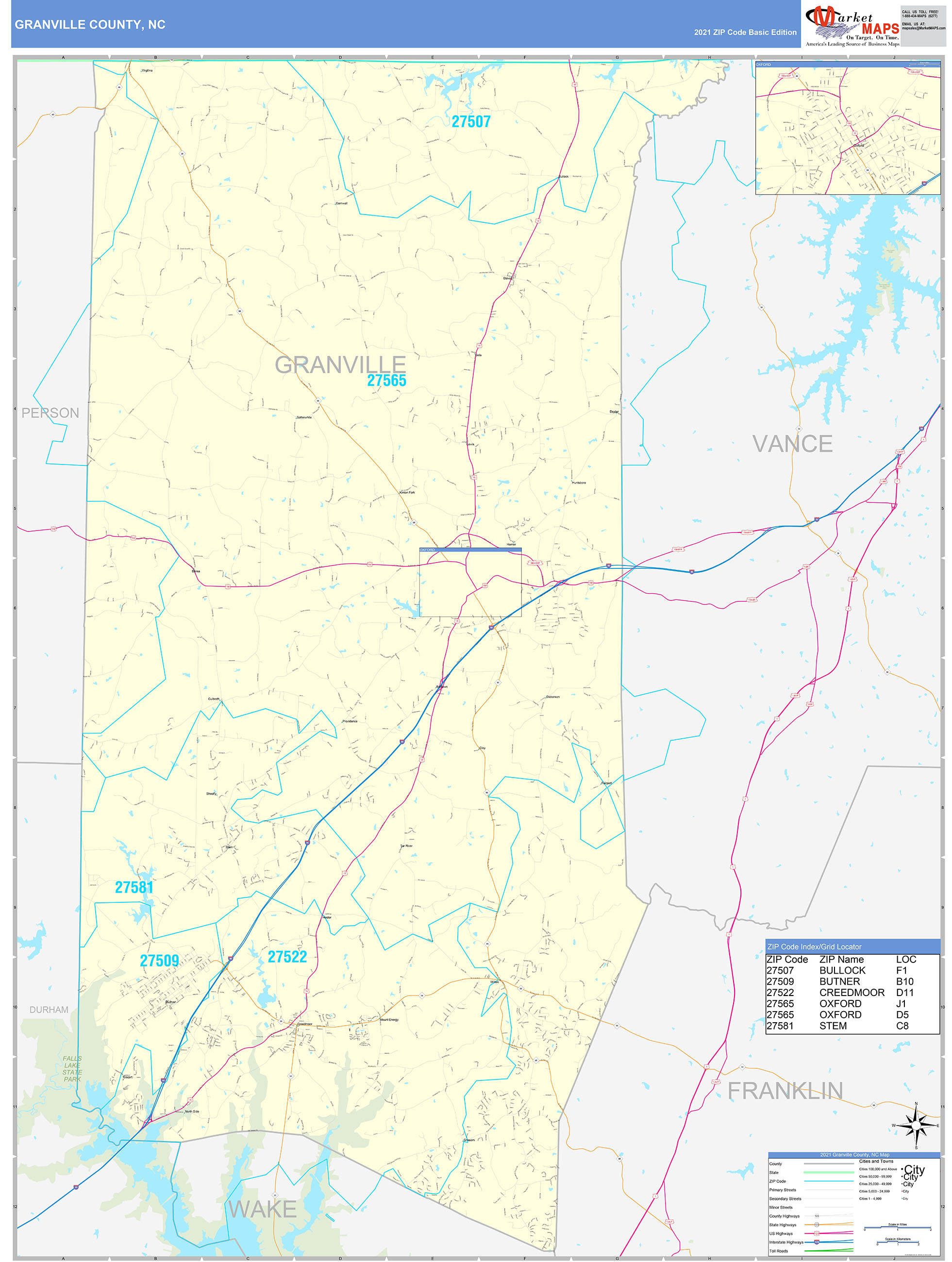 Granville County, NC Zip Code Wall Map Basic Style by MarketMAPS