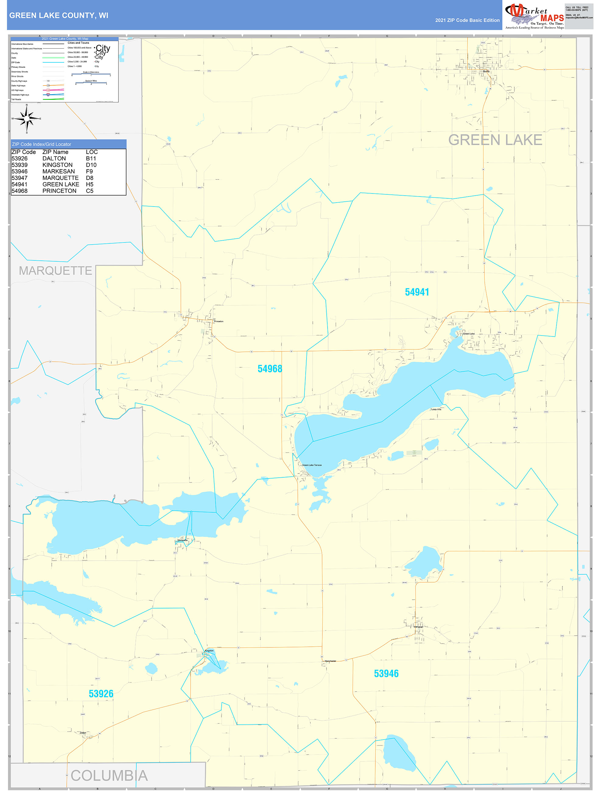 Green Lake County, WI Zip Code Wall Map Basic Style by MarketMAPS