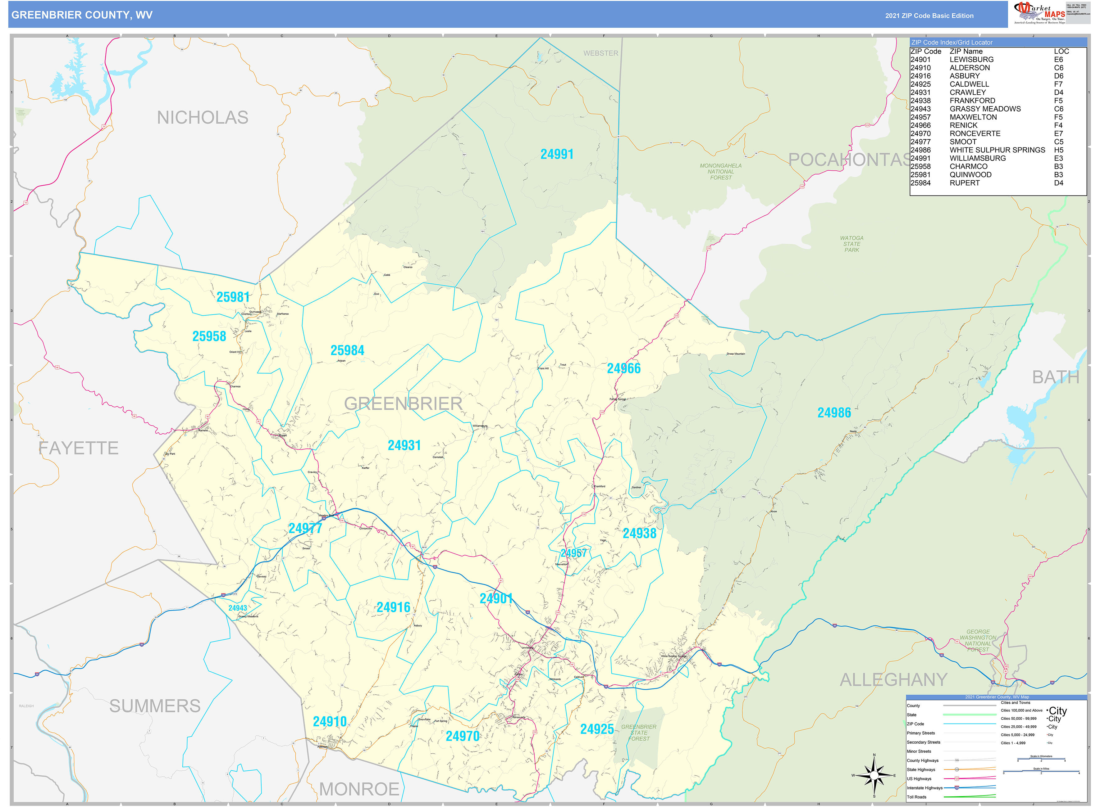 Greenbrier County, WV Zip Code Wall Map Basic Style by MarketMAPS ...