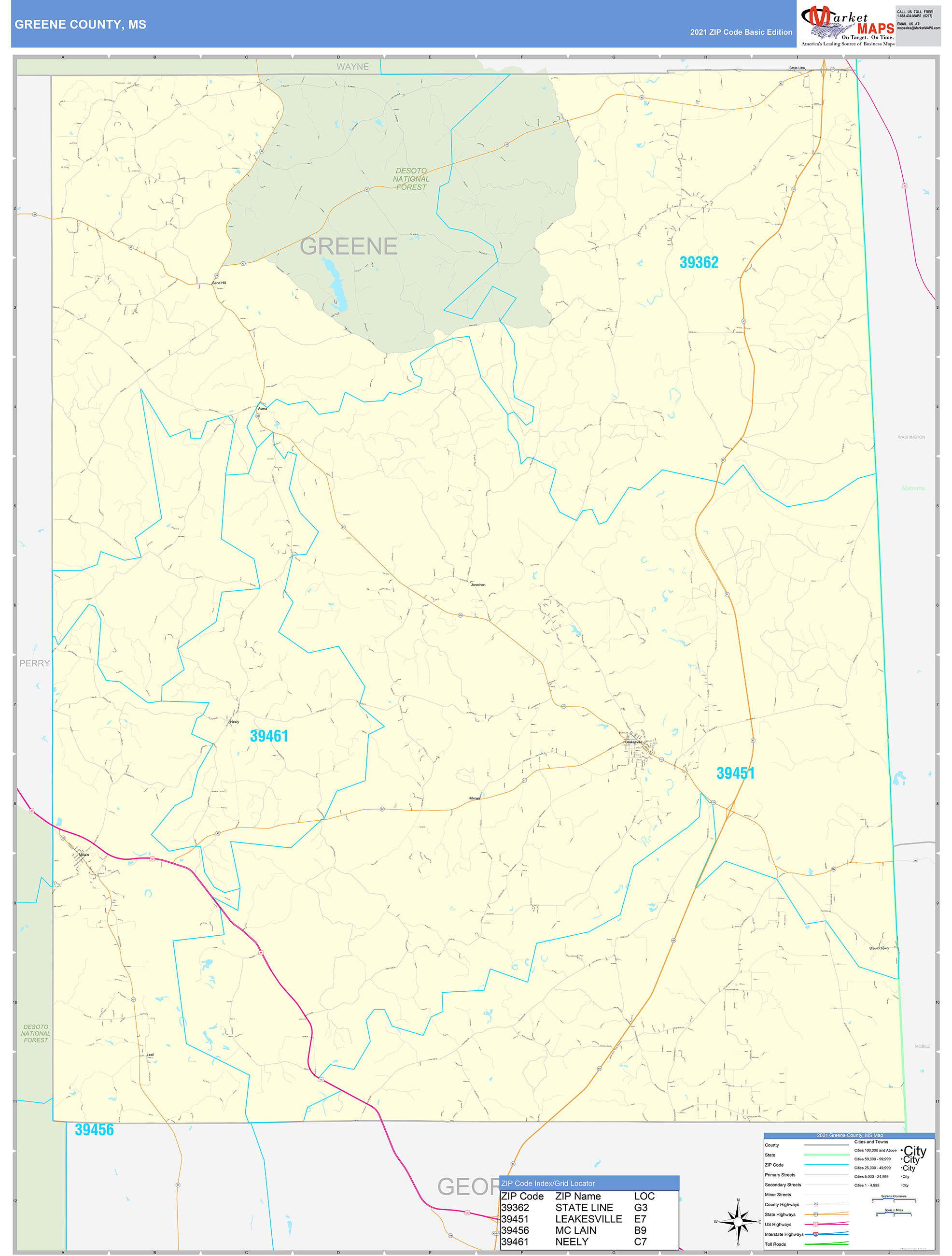 Greene County, MS Zip Code Wall Map Basic Style by MarketMAPS