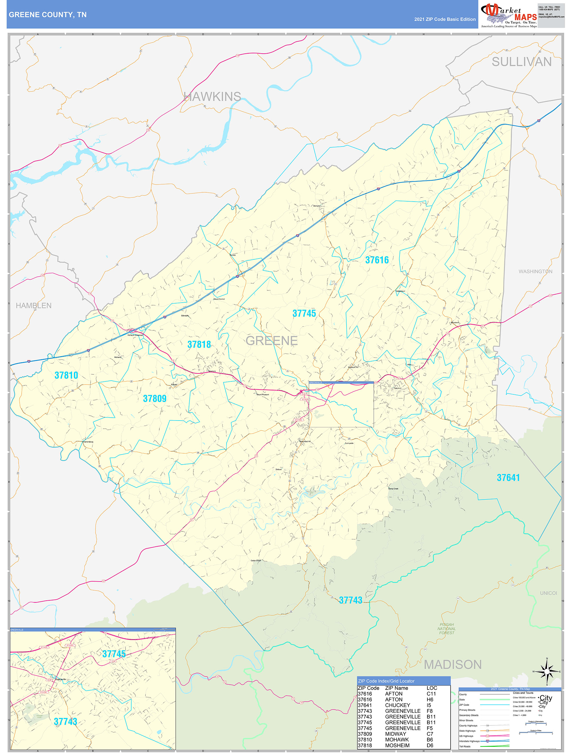 Greene County, TN Zip Code Wall Map Basic Style by MarketMAPS MapSales