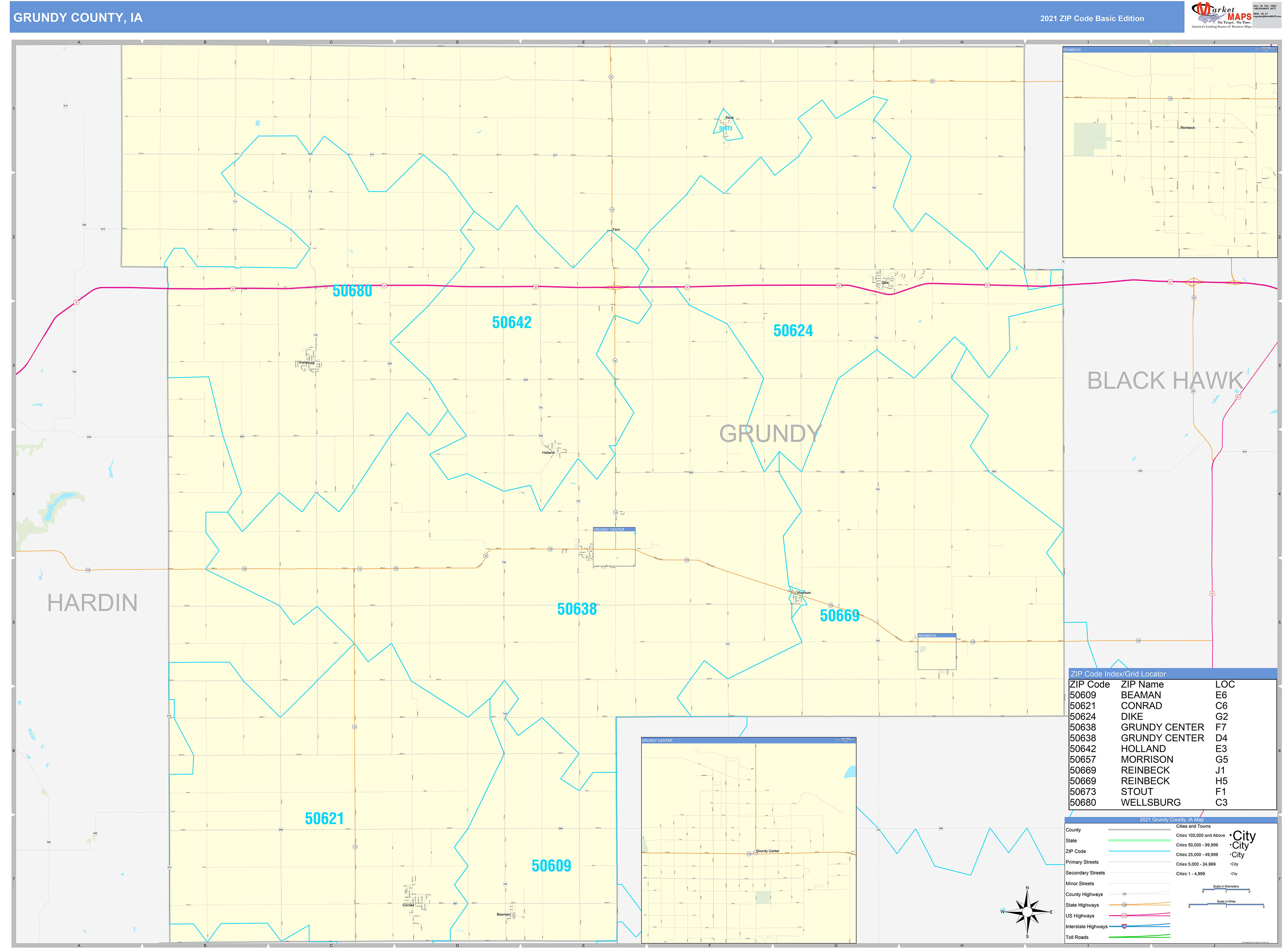 Grundy County Ia Zip Code Wall Map Basic Style By Marketmaps