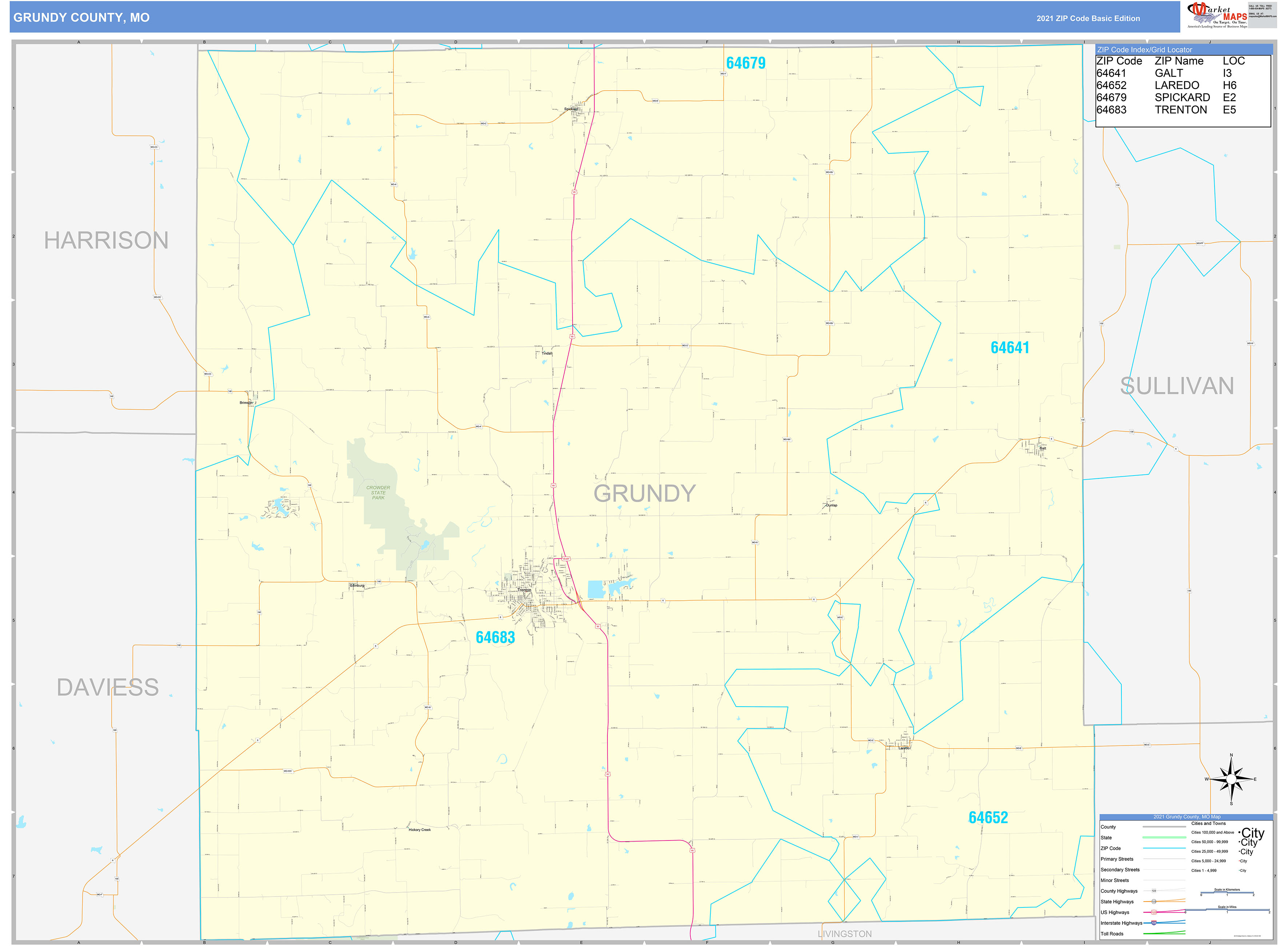 Grundy County, MO Zip Code Wall Map Basic Style by MarketMAPS