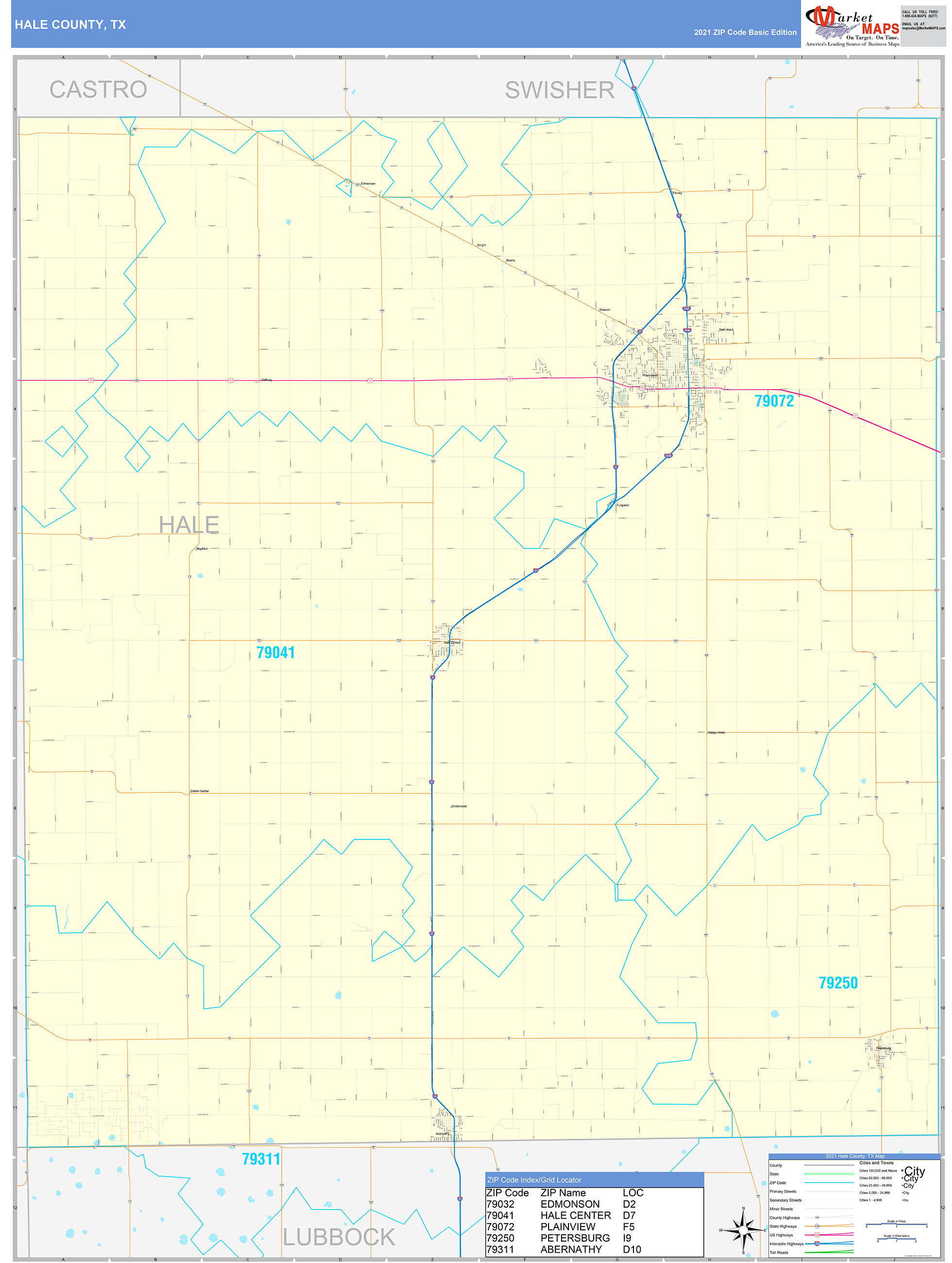 Hale County, TX Zip Code Wall Map Basic Style by MarketMAPS - MapSales