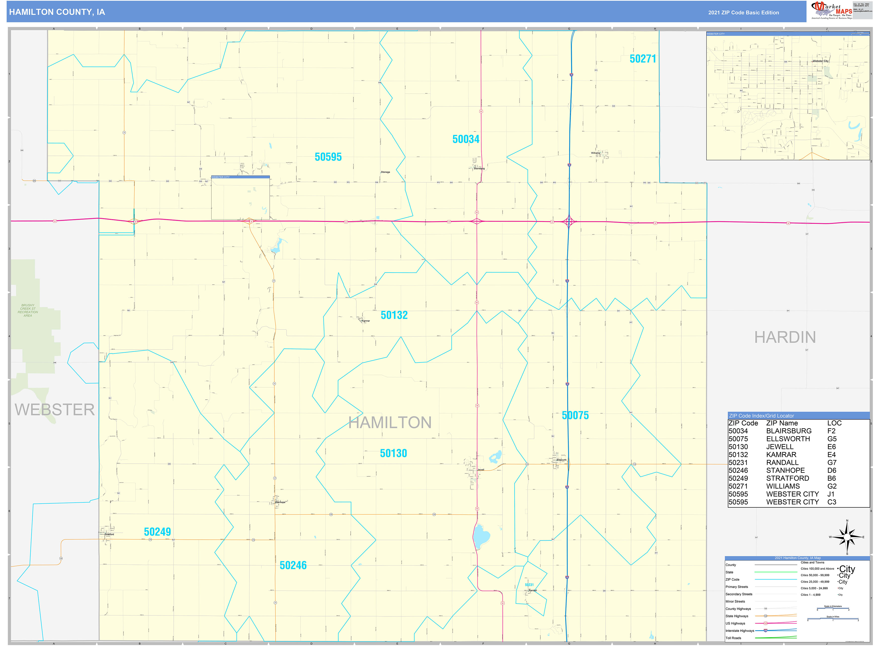 Hamilton County Ia Zip Code Wall Map Basic Style By Marketmaps