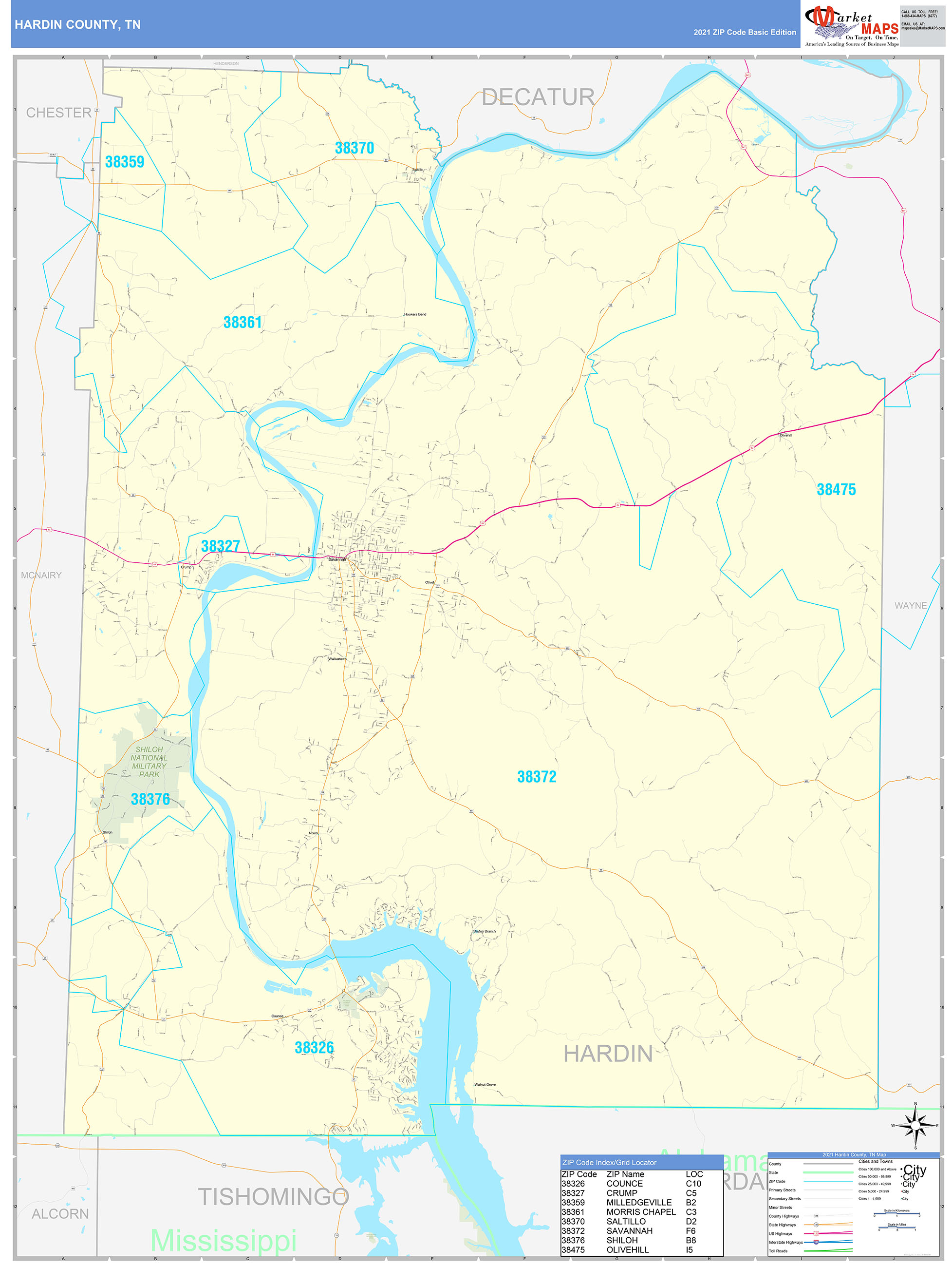 Hardin County, TN Zip Code Wall Map Basic Style by MarketMAPS - MapSales