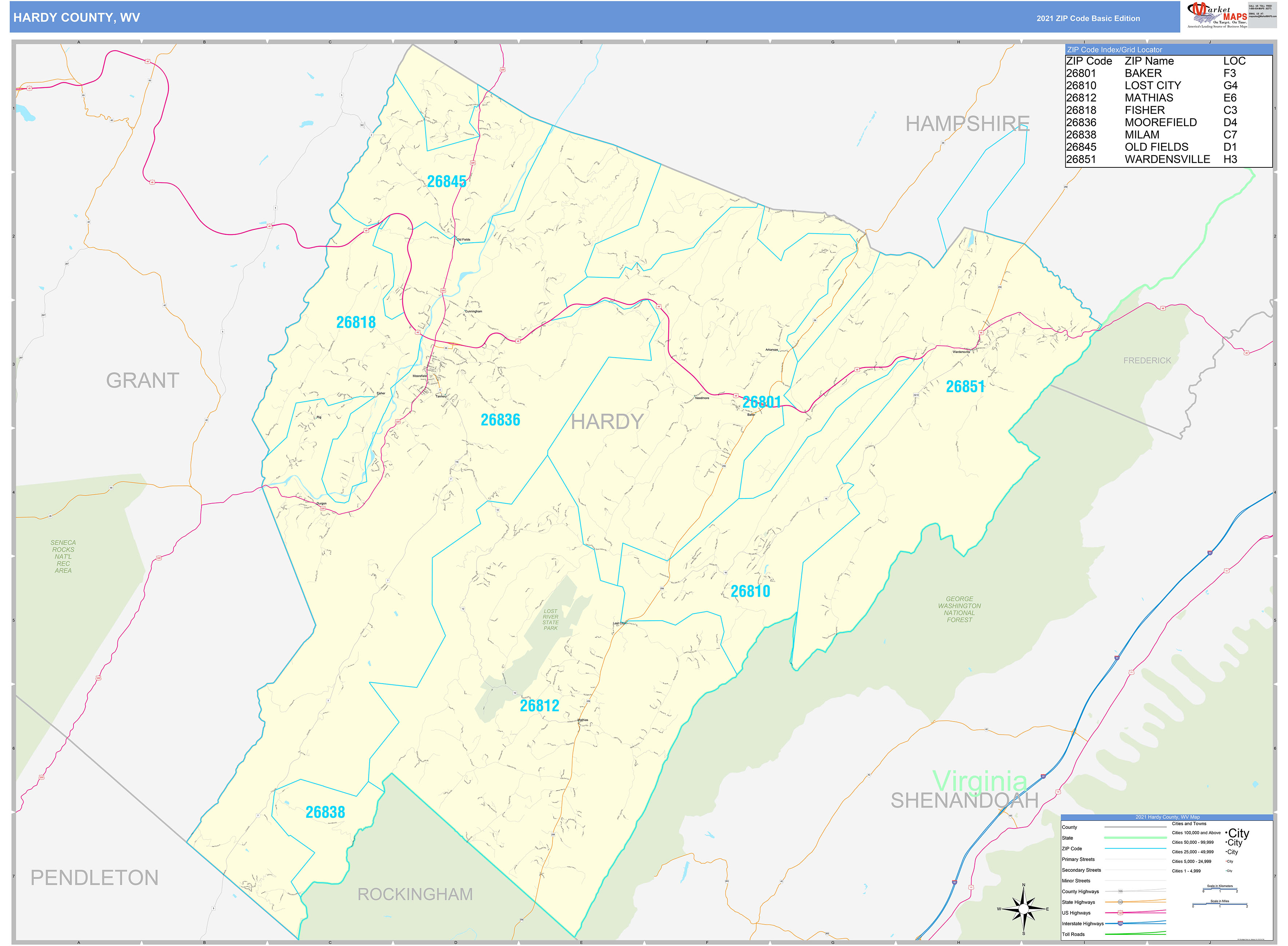 Hardy County, WV Zip Code Wall Map Basic Style by MarketMAPS MapSales