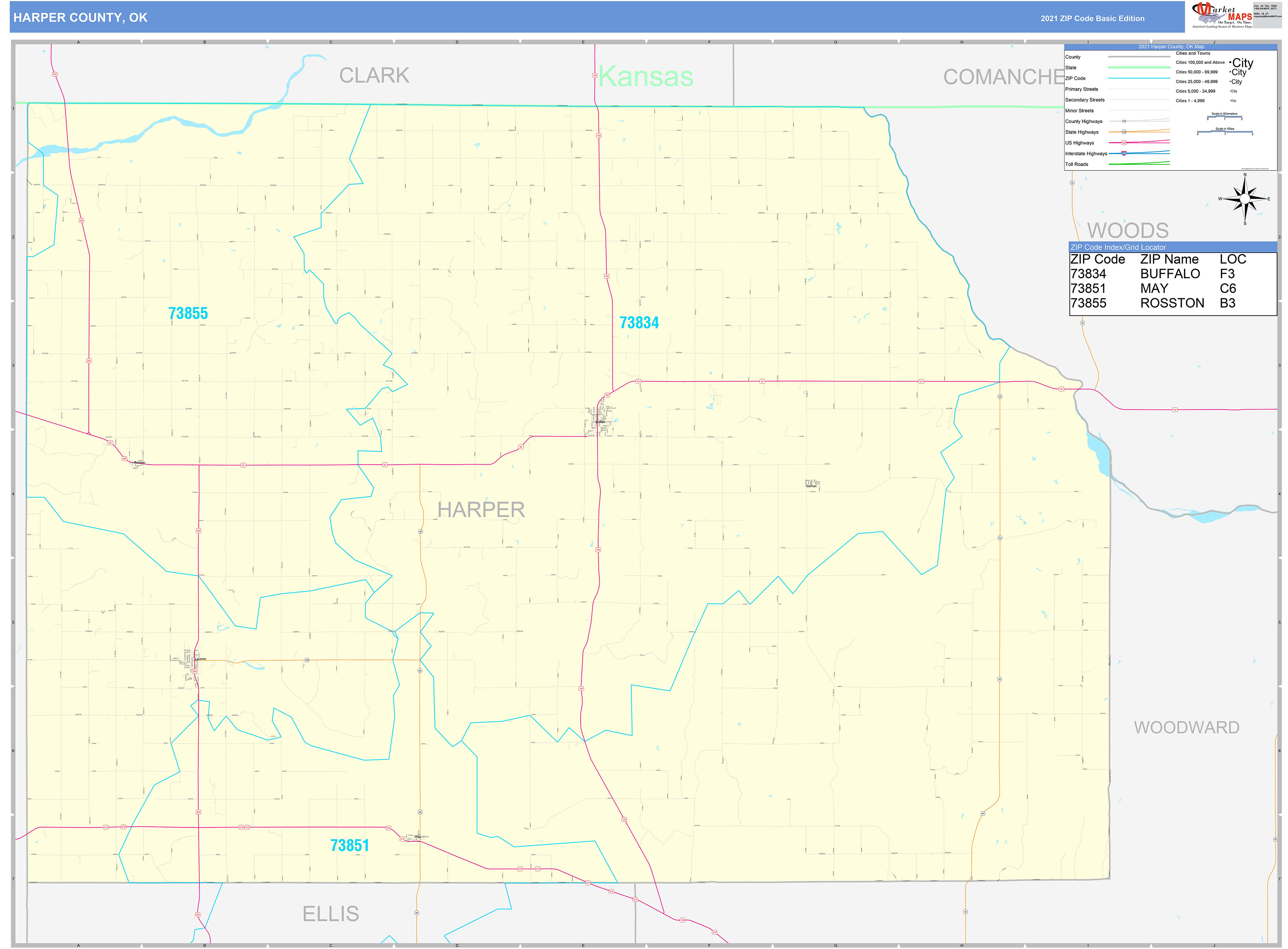 Harper County Ok Zip Code Wall Map Basic Style By Marketmaps Mapsales 8193