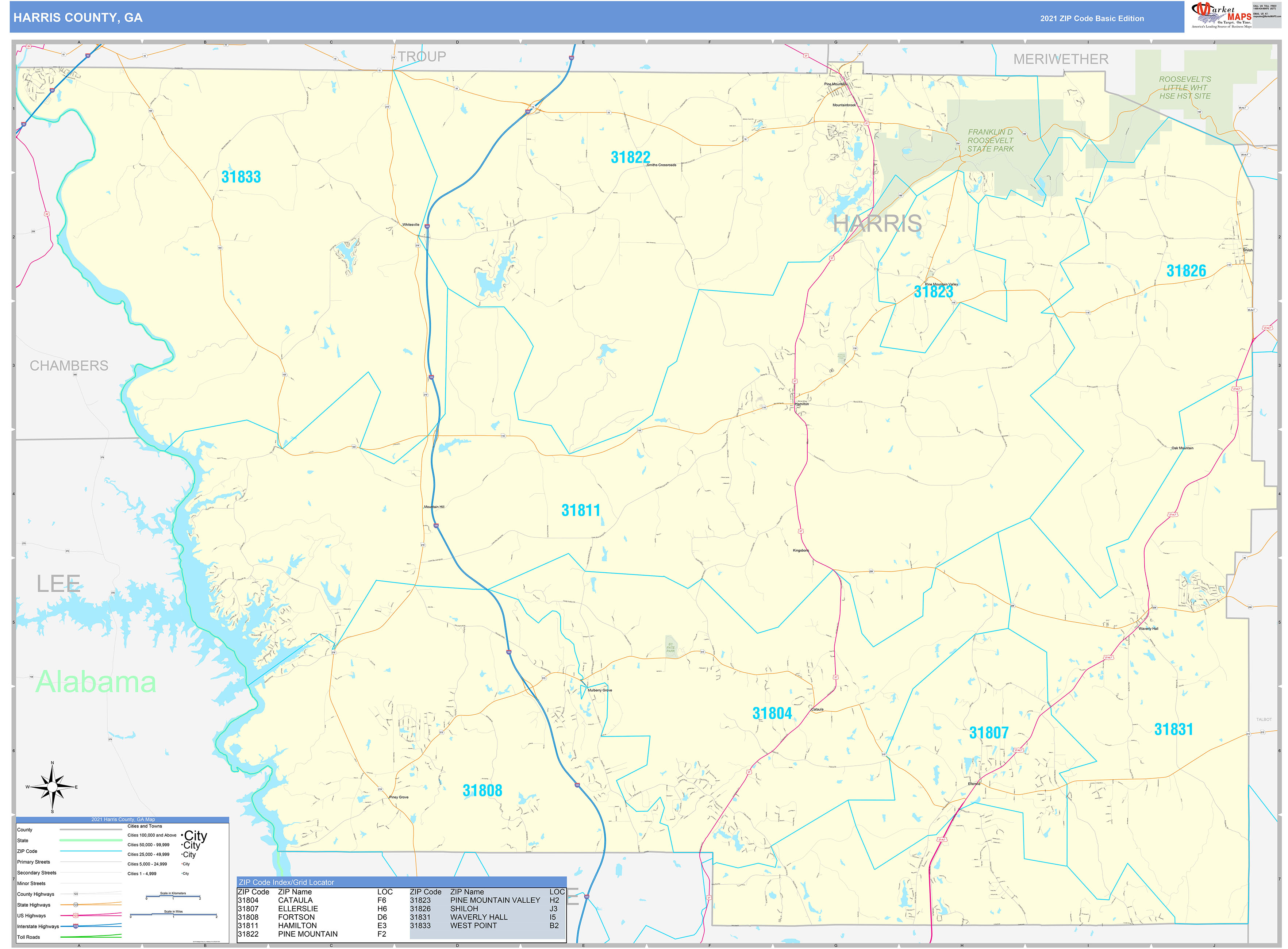 Harris County, GA Zip Code Wall Map Basic Style by MarketMAPS MapSales