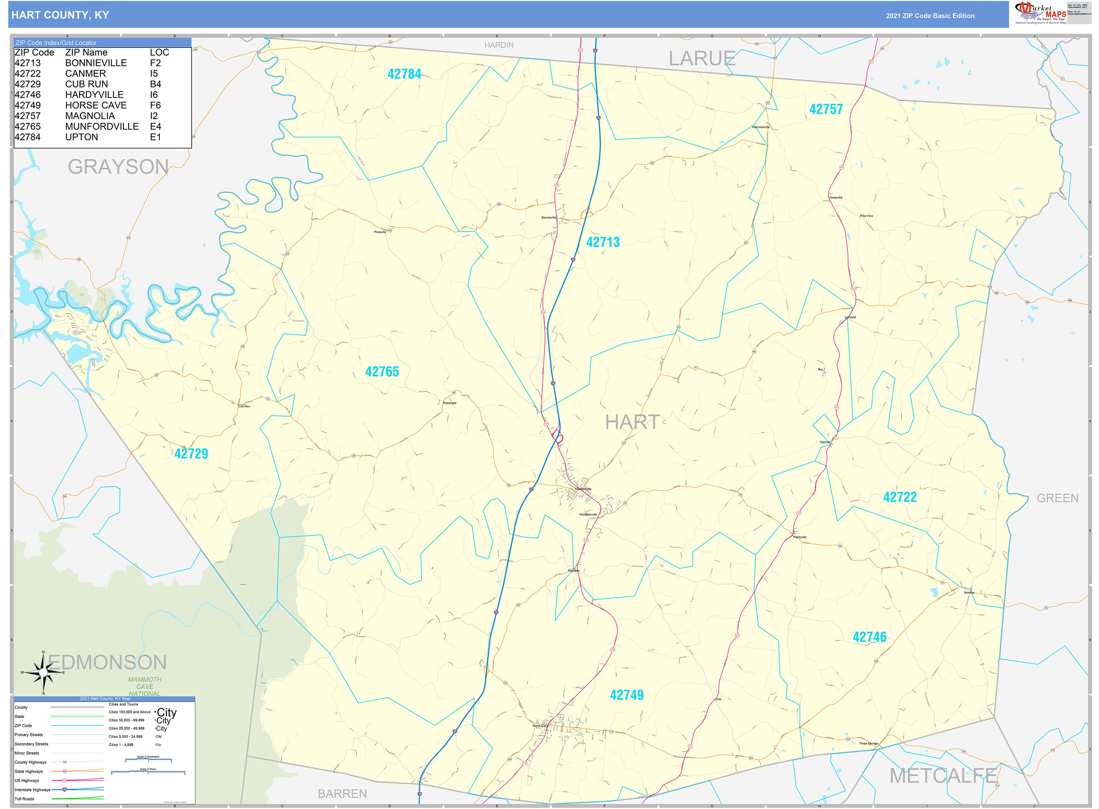 Hart County, KY Zip Code Wall Map Basic Style by MarketMAPS MapSales