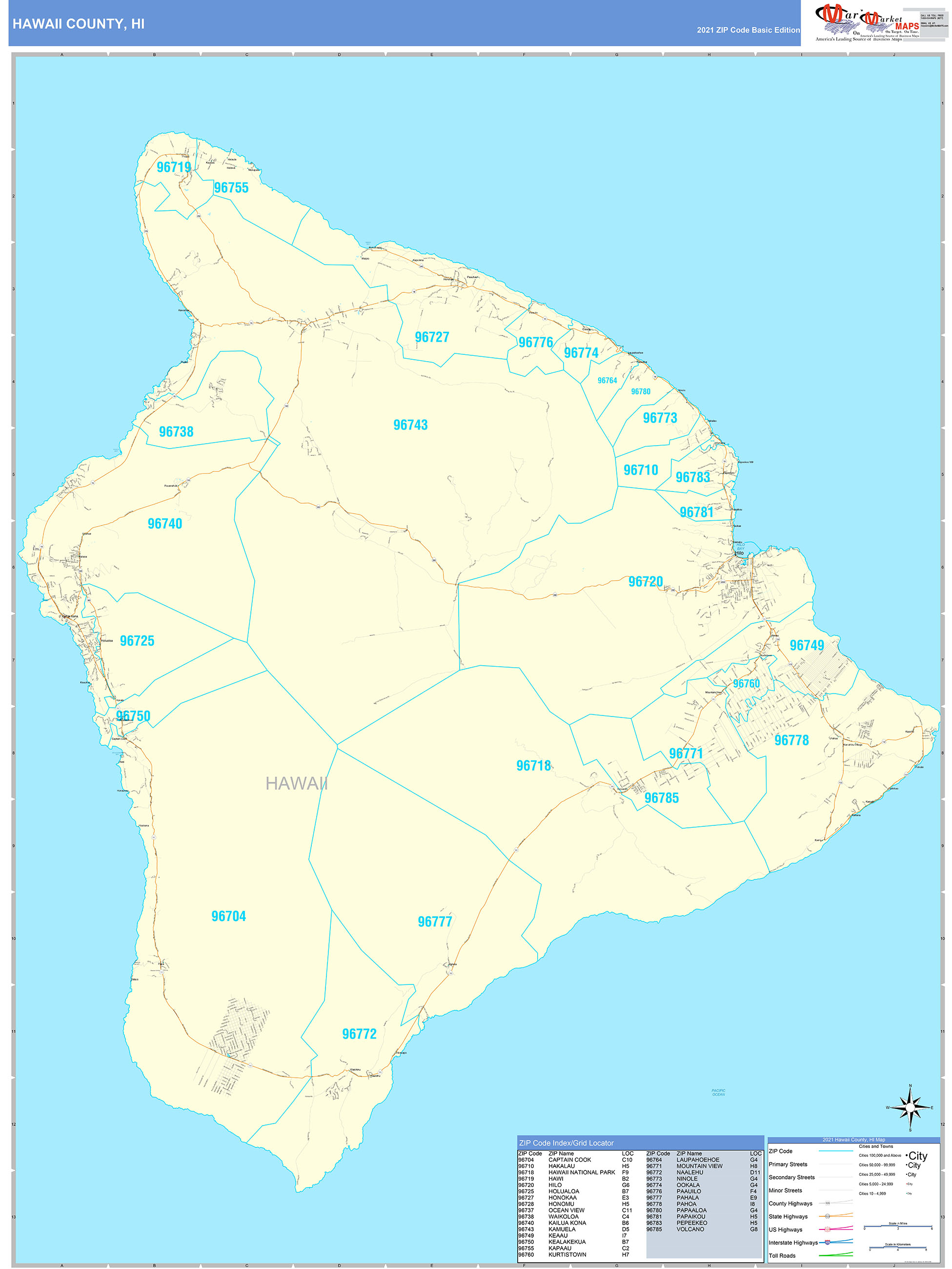 Hawaii County, HI Zip Code Wall Map Basic Style by MarketMAPS - MapSales