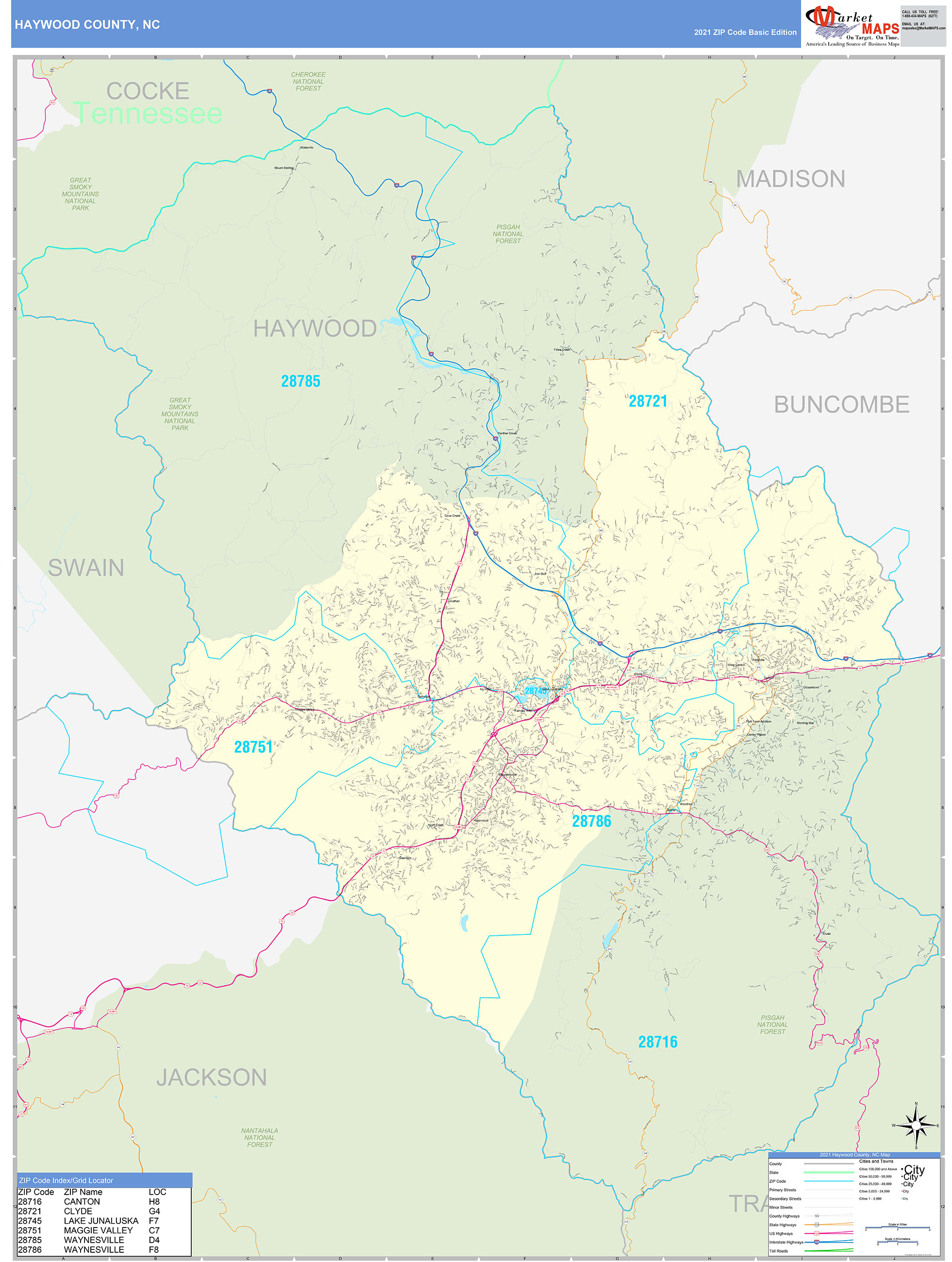 Haywood County, NC Zip Code Wall Map Basic Style by MarketMAPS MapSales