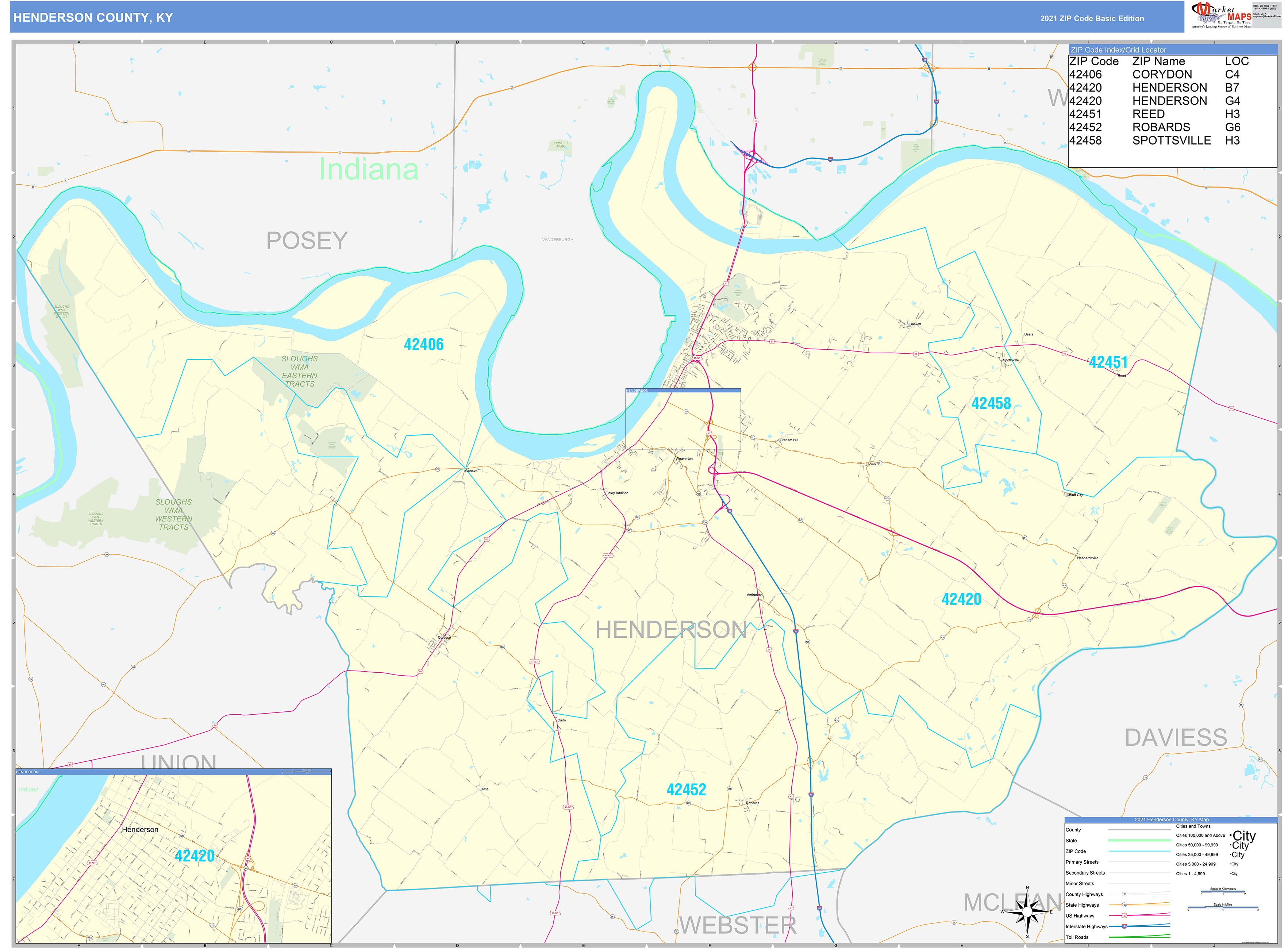 Henderson County Kentucky Zip Code Wall Map Maps Com Com - Bank2home.com