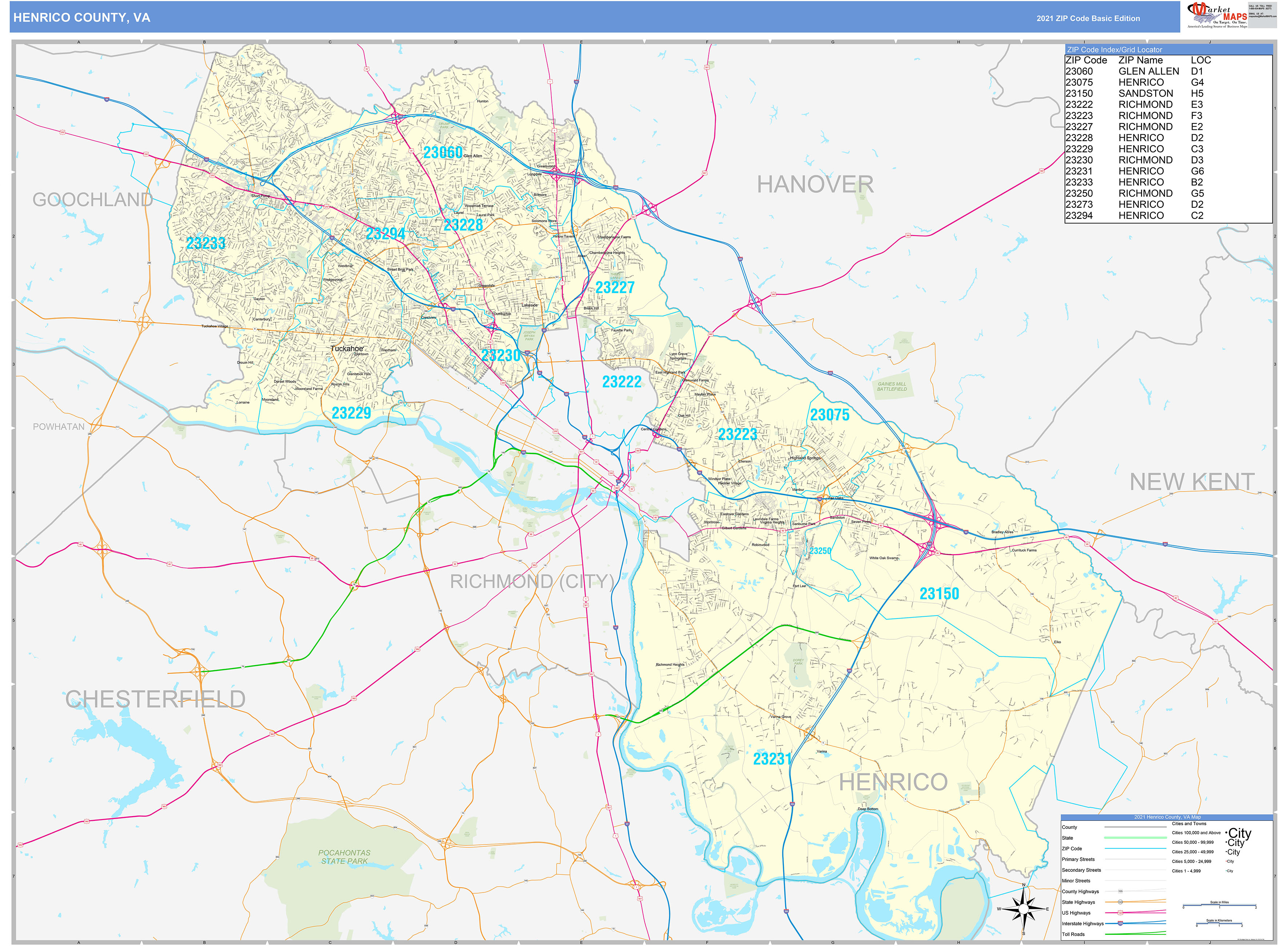 Henrico County, VA Zip Code Wall Map Basic Style by MarketMAPS