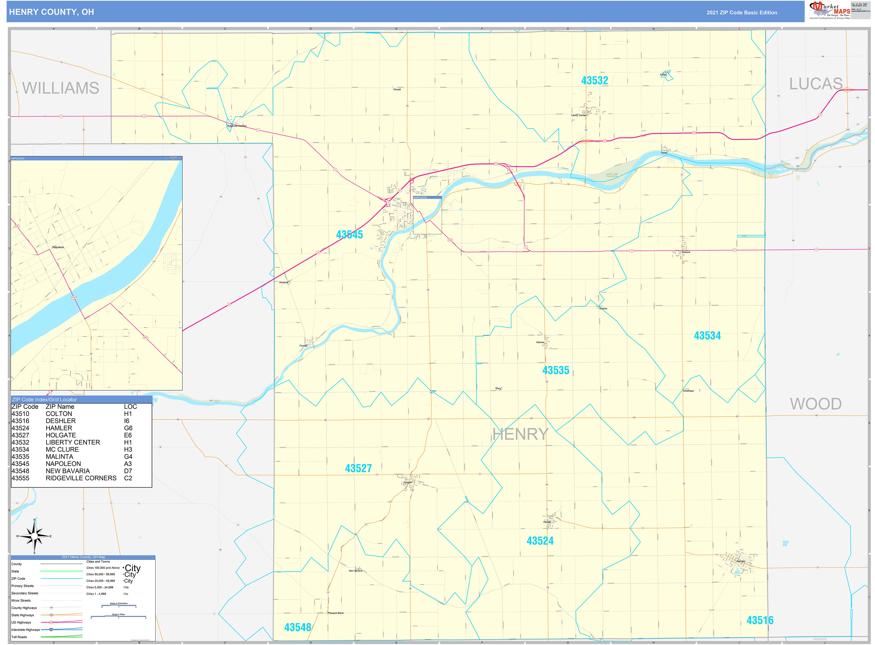 Henry County, OH Zip Code Wall Map Basic Style by MarketMAPS MapSales