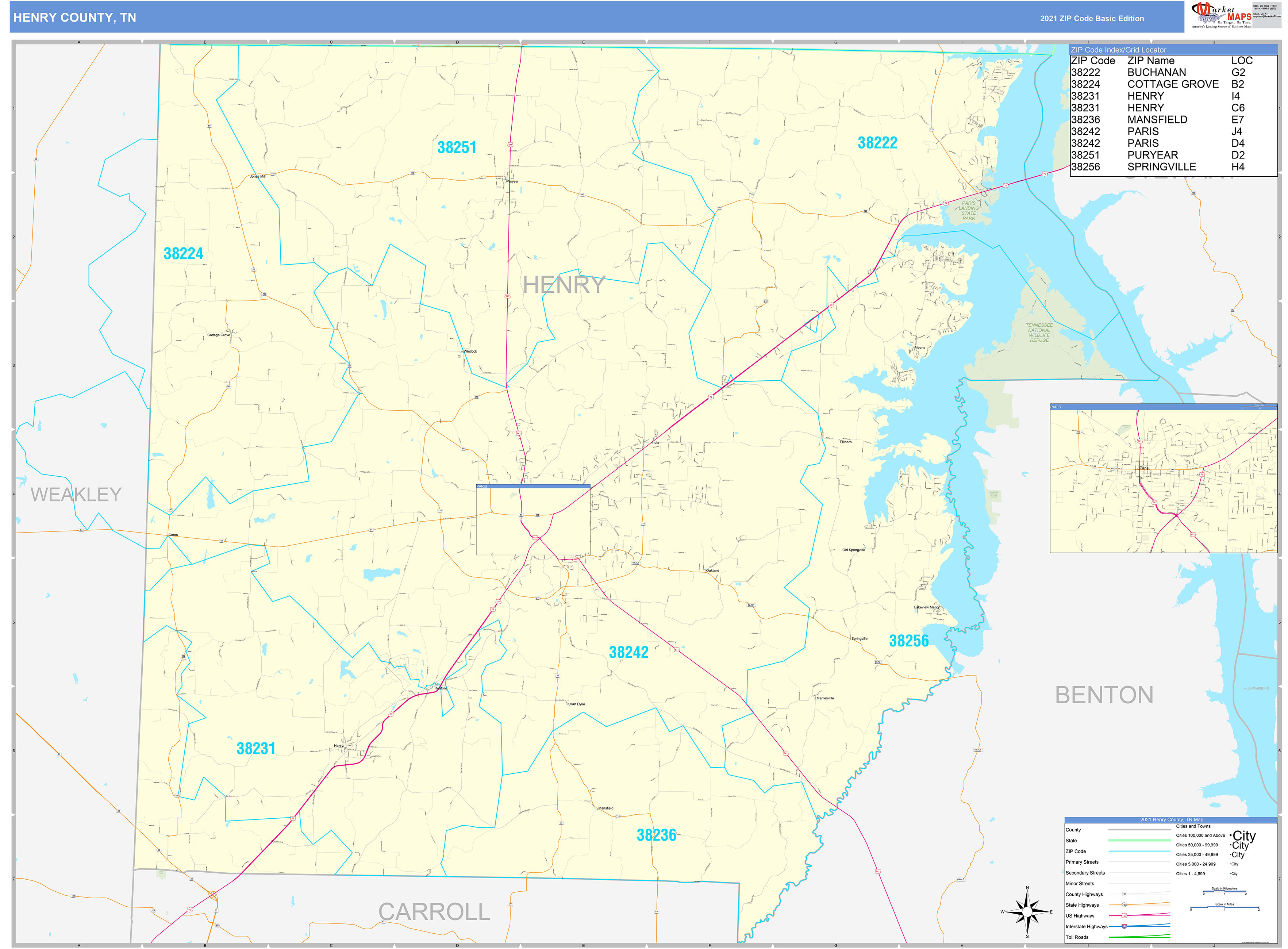 Henry County, TN Zip Code Wall Map Basic Style by MarketMAPS - MapSales