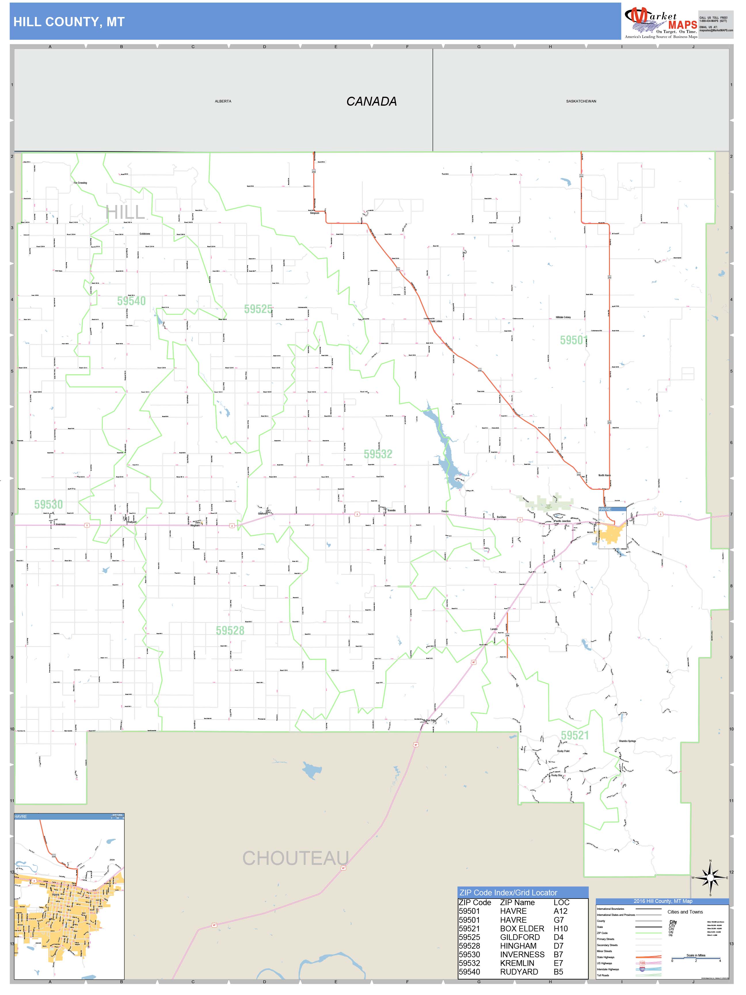 Hill County, MT Zip Code Wall Map Basic Style by MarketMAPS - MapSales