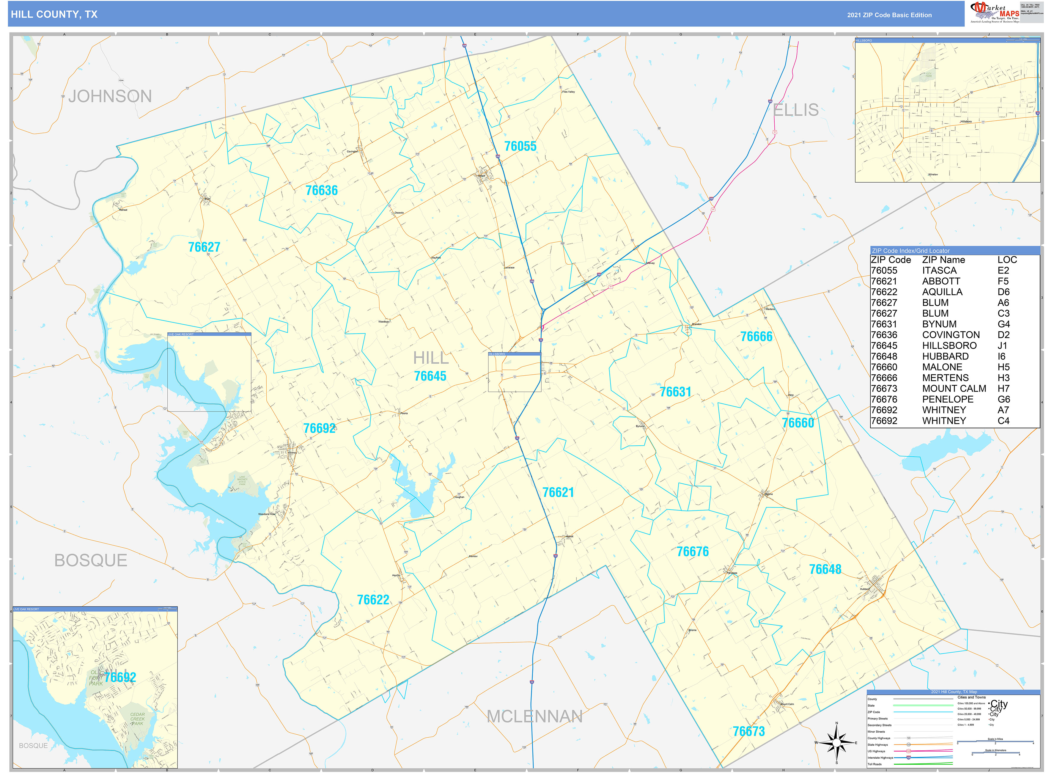 Hill County, TX Zip Code Wall Map Basic Style by MarketMAPS - MapSales