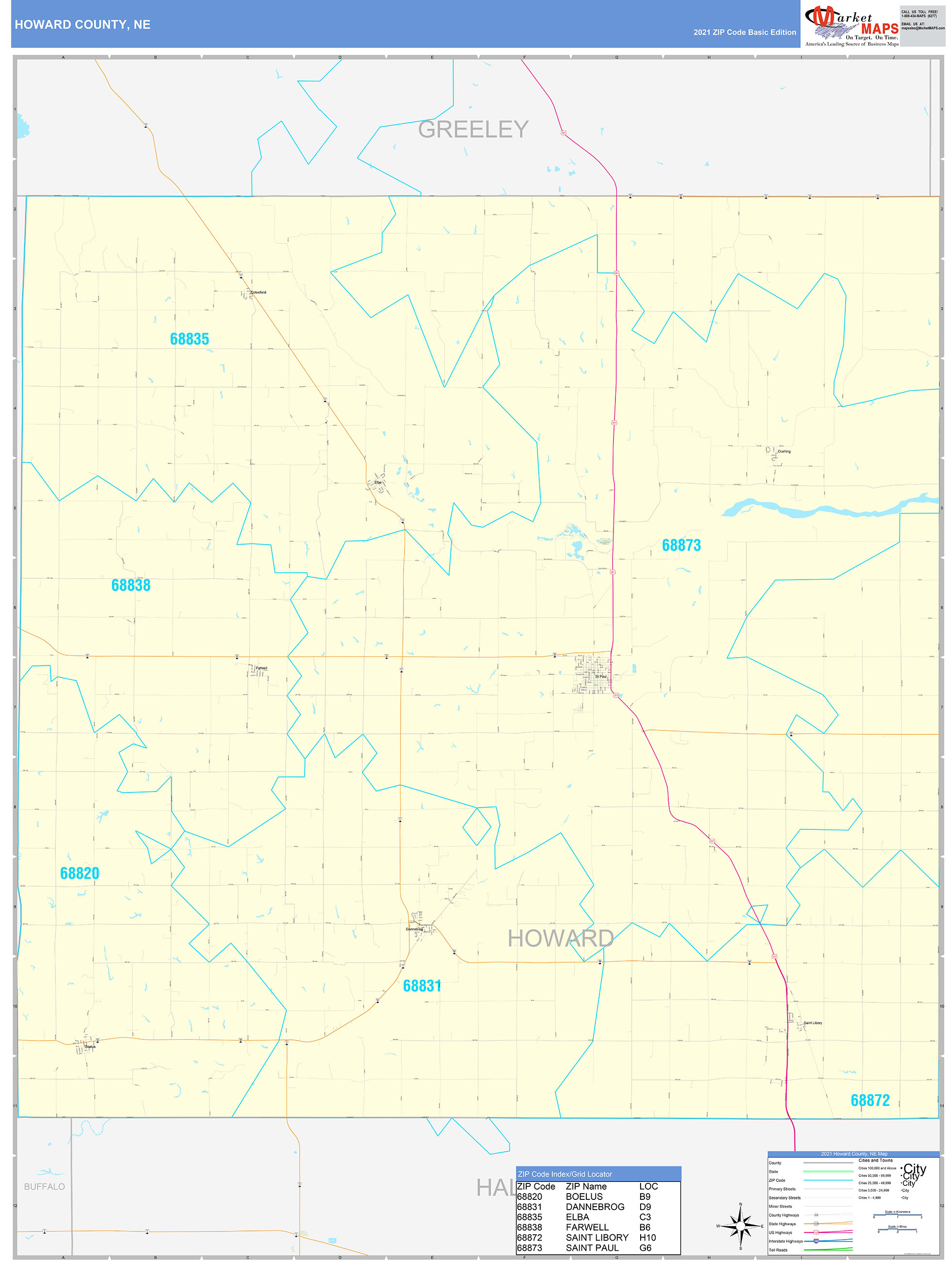 Howard County, NE Zip Code Wall Map Basic Style by MarketMAPS MapSales