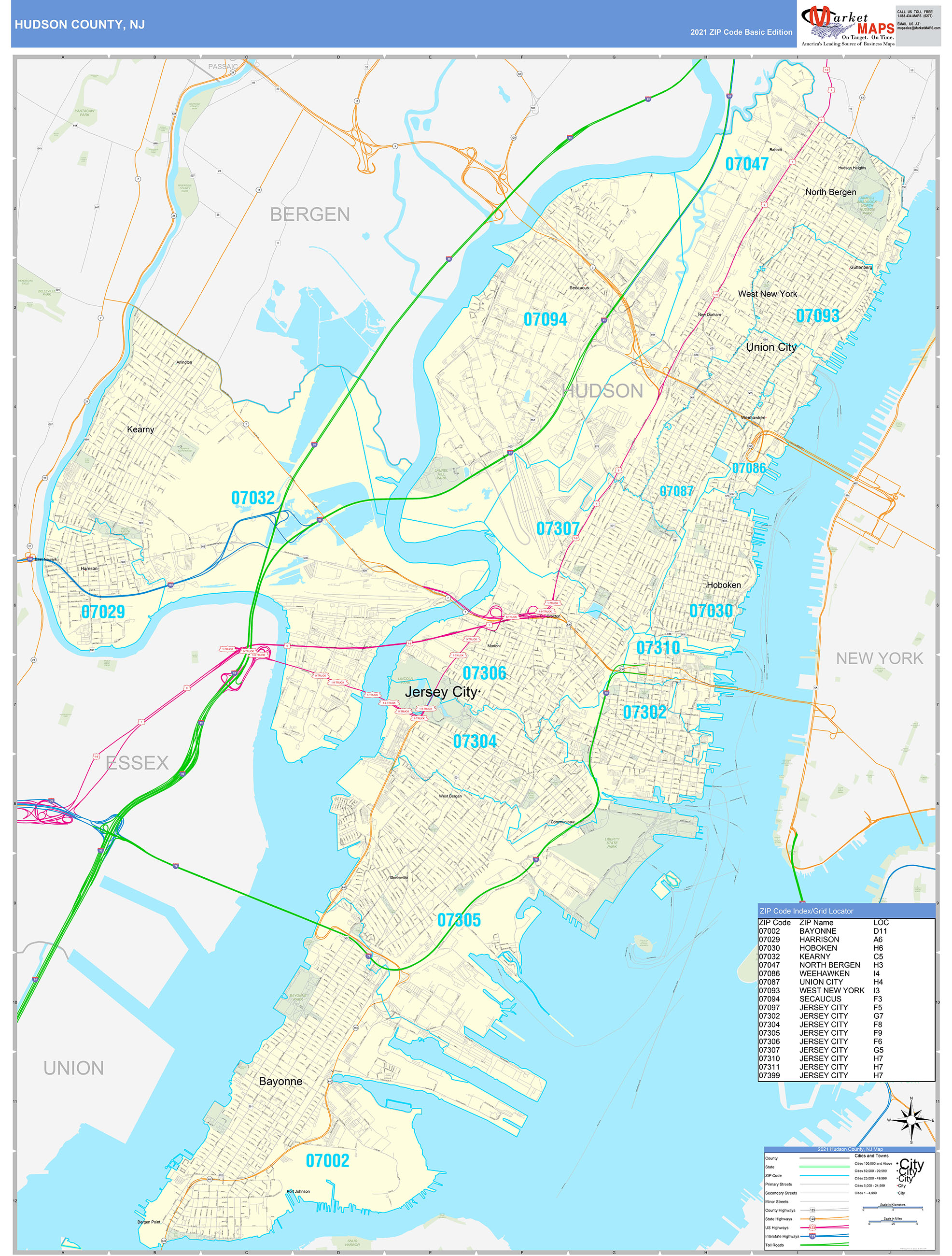 Hudson County NJ Zip Code Wall Map Basic Style by MarketMAPS MapSales