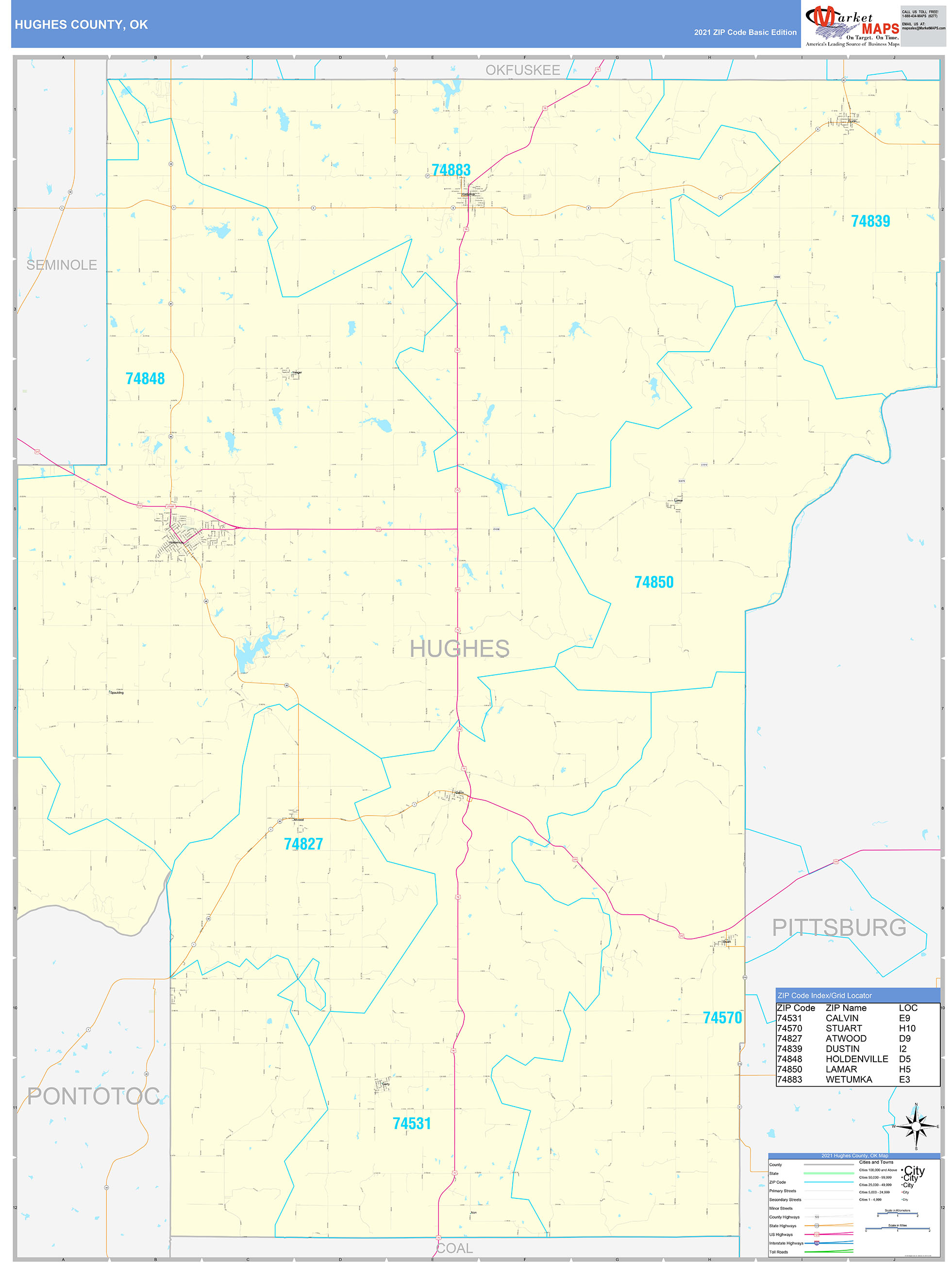 Hughes County, OK Zip Code Wall Map Basic Style by MarketMAPS - MapSales