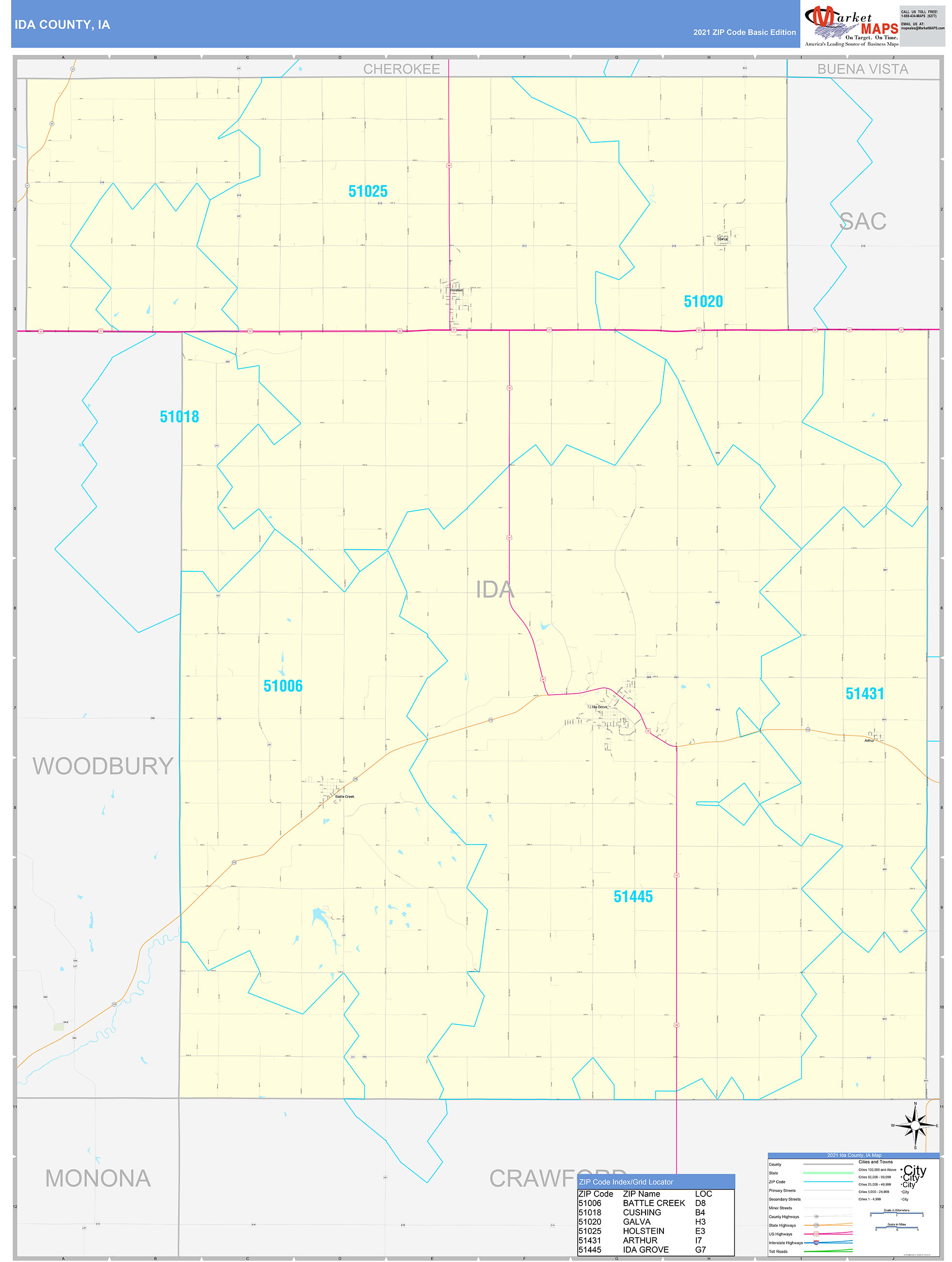 Ida County, IA Zip Code Wall Map Basic Style by MarketMAPS