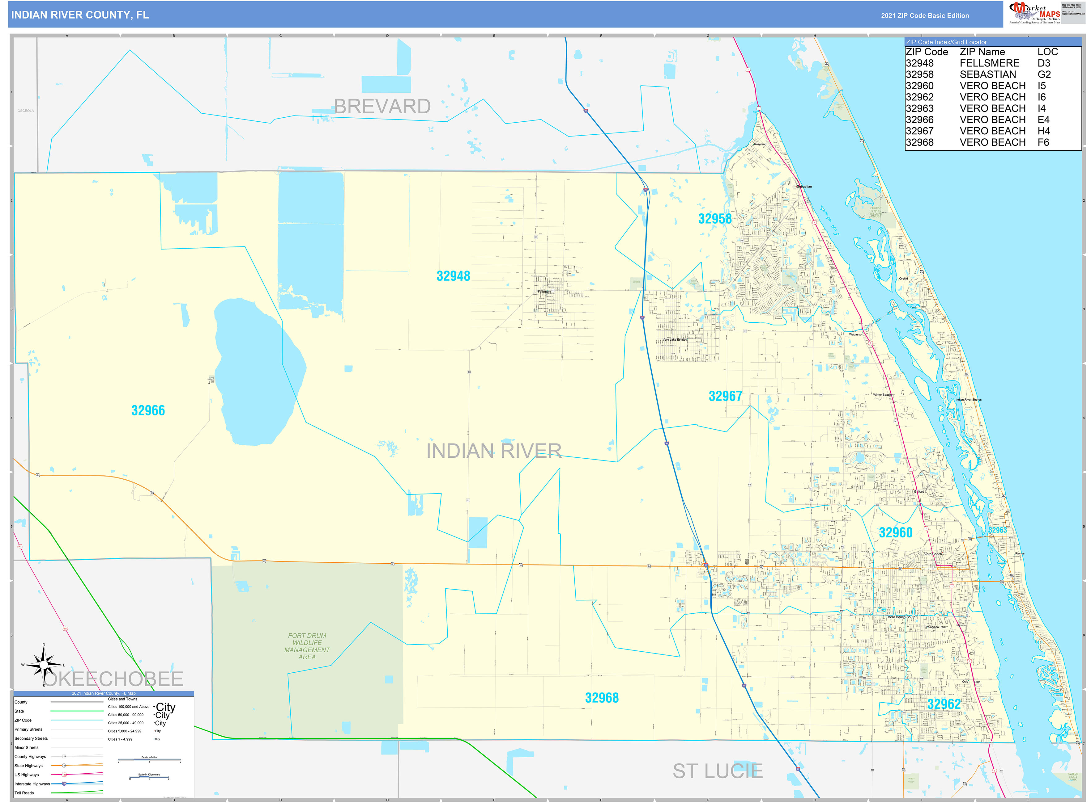 Indian River County, FL Zip Code Wall Map Basic Style by MarketMAPS ...