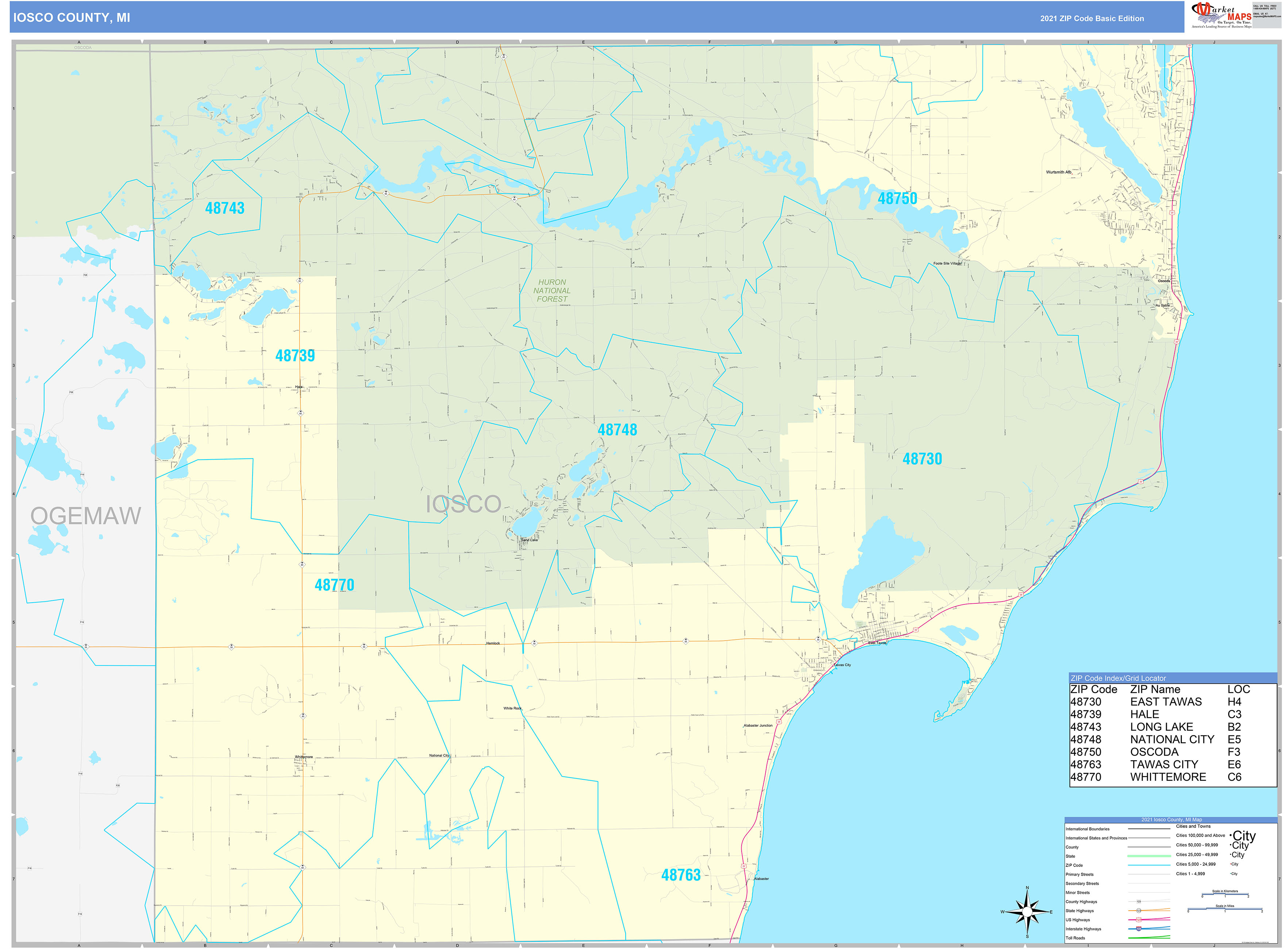 Iosco County, MI Zip Code Wall Map Basic Style by MarketMAPS