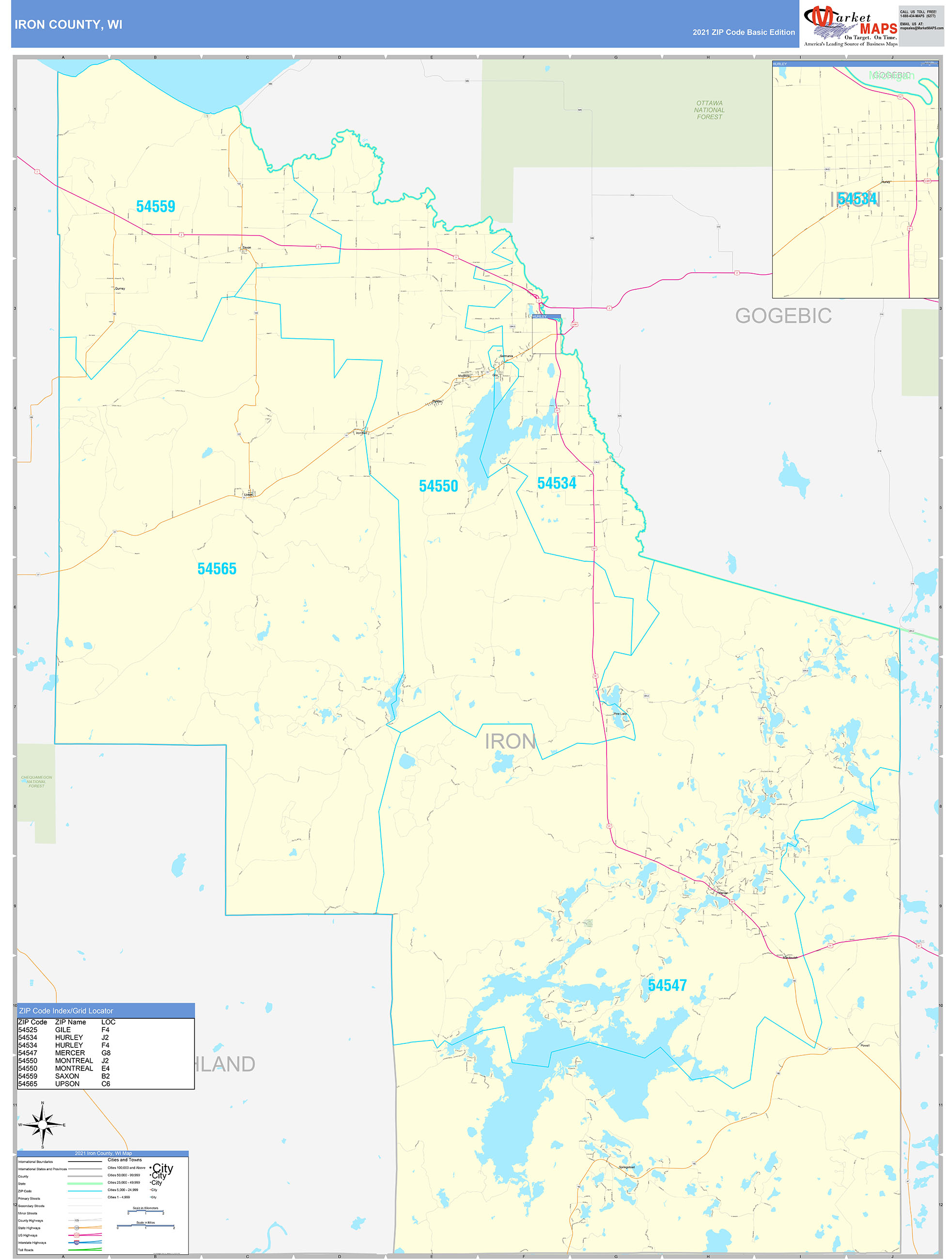 Iron County, WI Zip Code Wall Map Basic Style by MarketMAPS