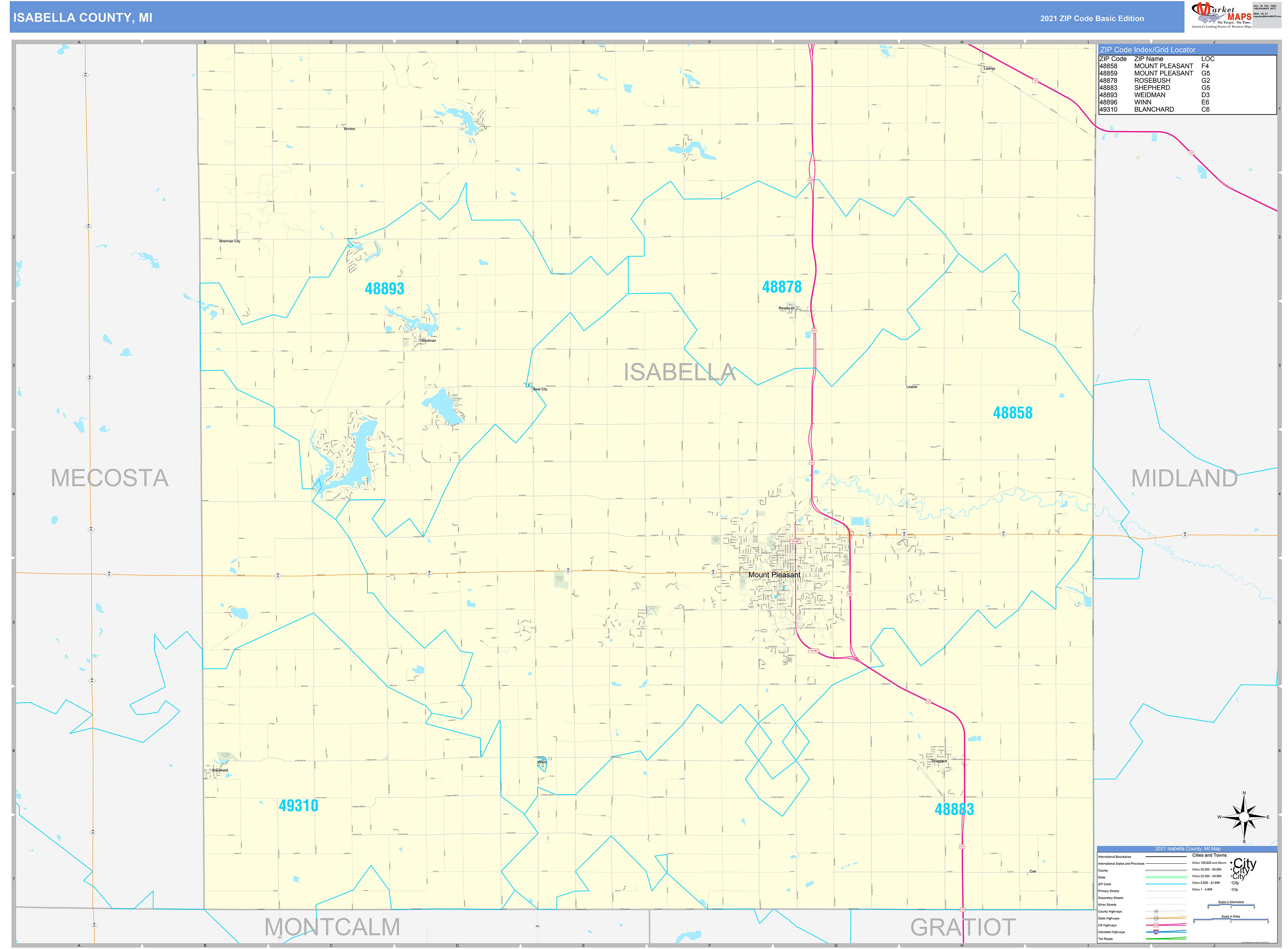 Isabella County, MI Zip Code Wall Map Basic Style by MarketMAPS MapSales