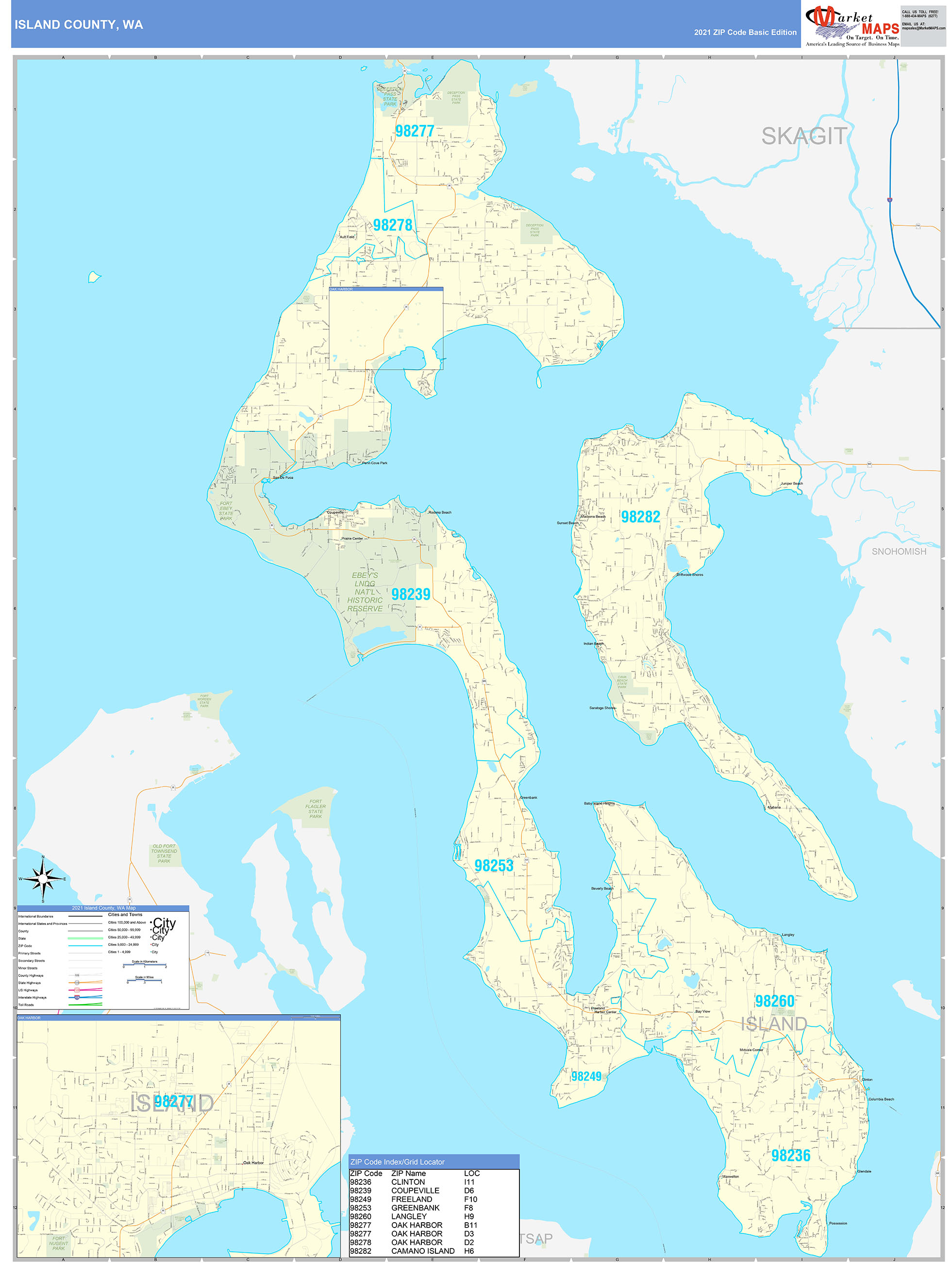 Island County, WA Zip Code Wall Map Basic Style by MarketMAPS - MapSales