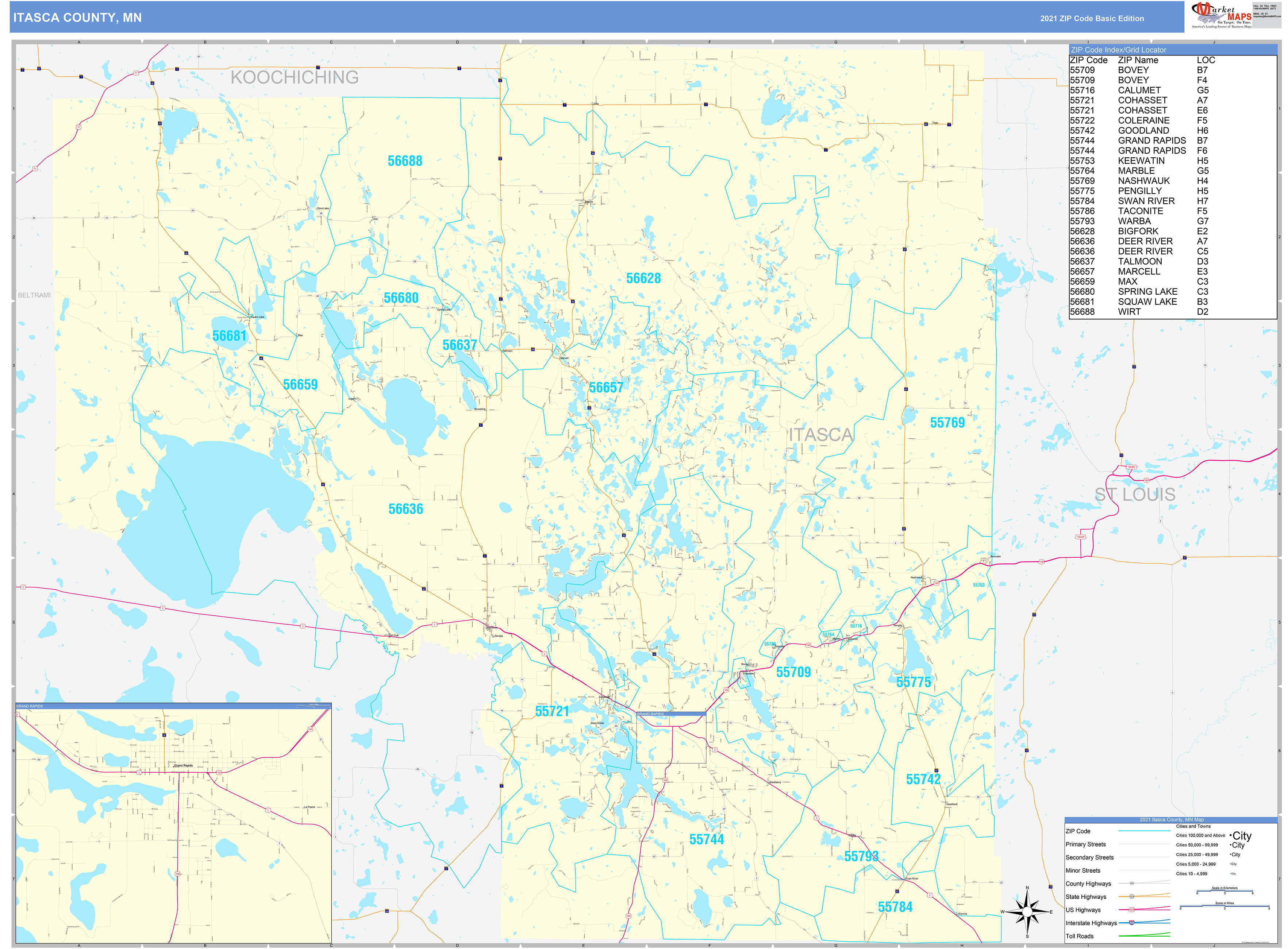 Itasca County MN Zip Code Wall Map Basic Style by MarketMAPS