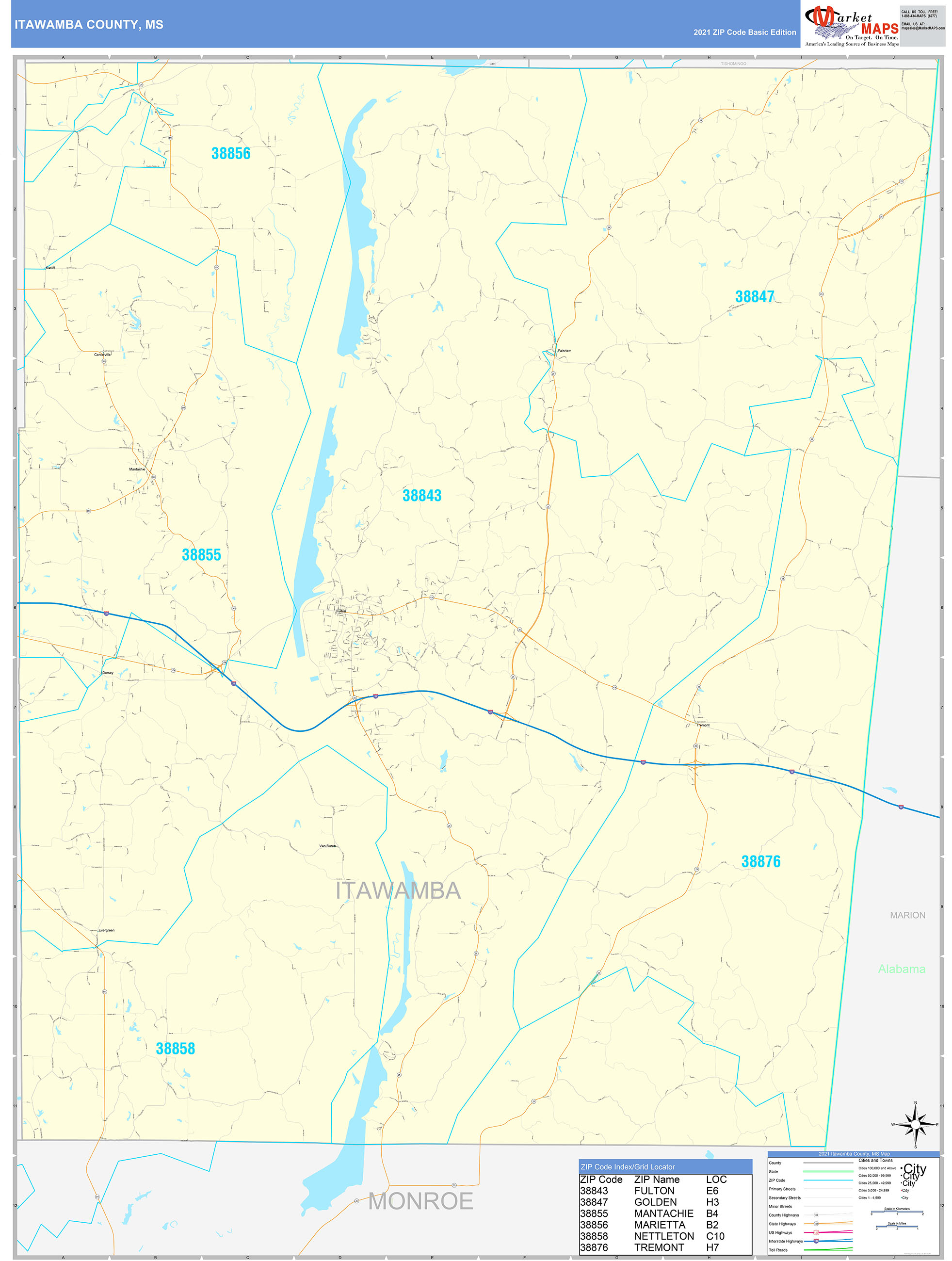 Itawamba County, MS Zip Code Wall Map Basic Style by MarketMAPS