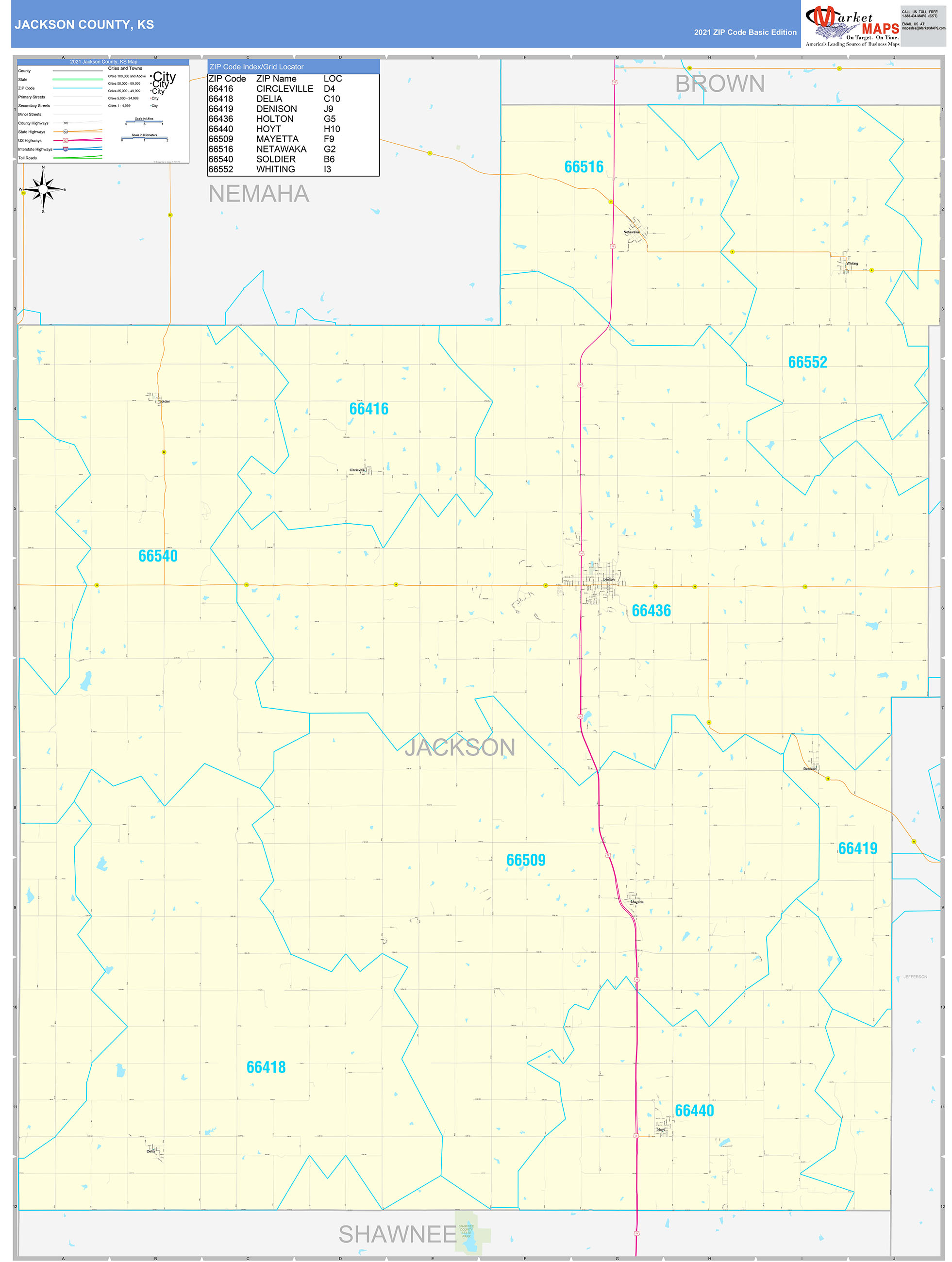 Jackson County, KS Zip Code Wall Map Basic Style by MarketMAPS MapSales