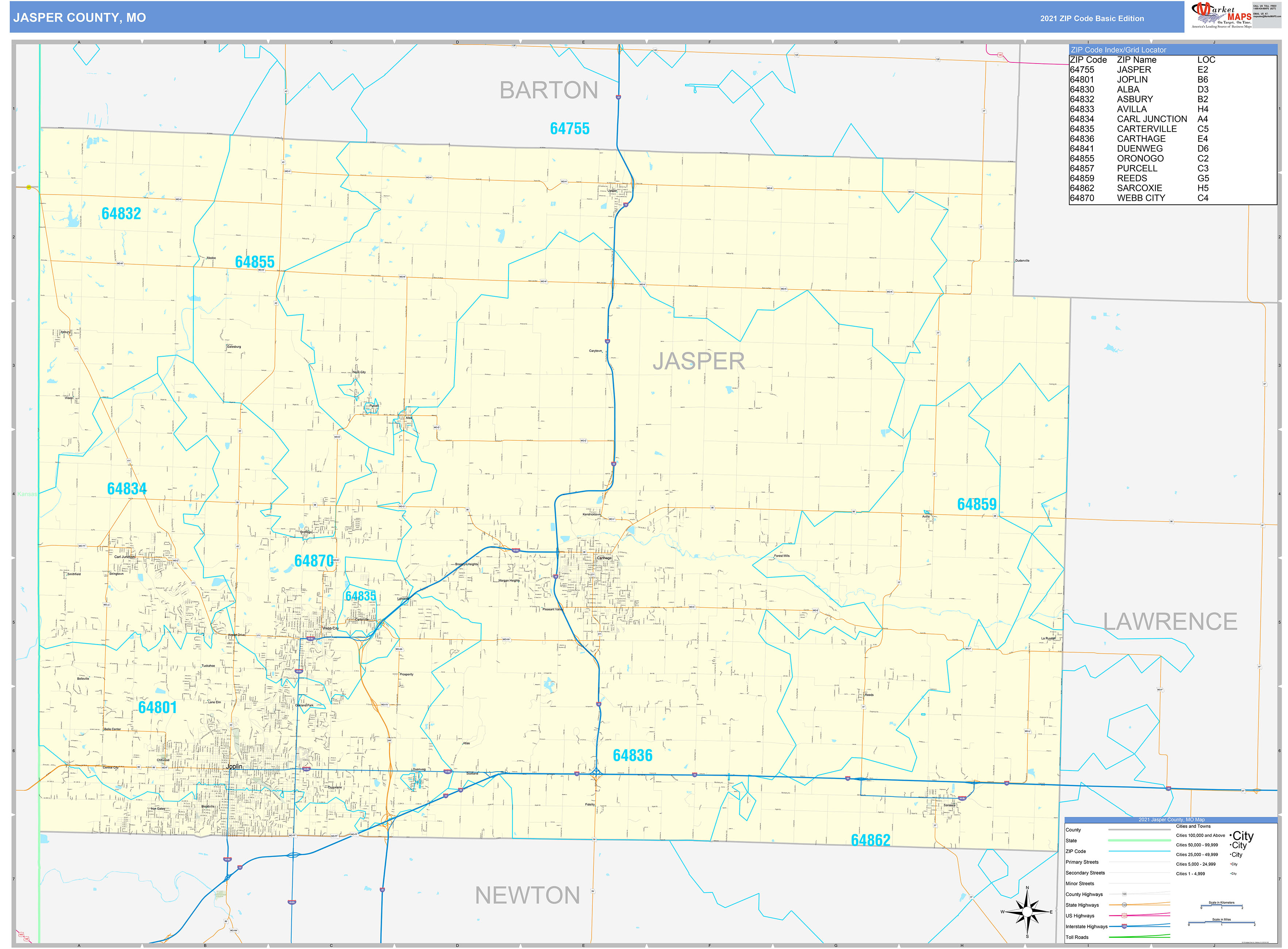 Jasper County, MO Zip Code Wall Map Basic Style by MarketMAPS
